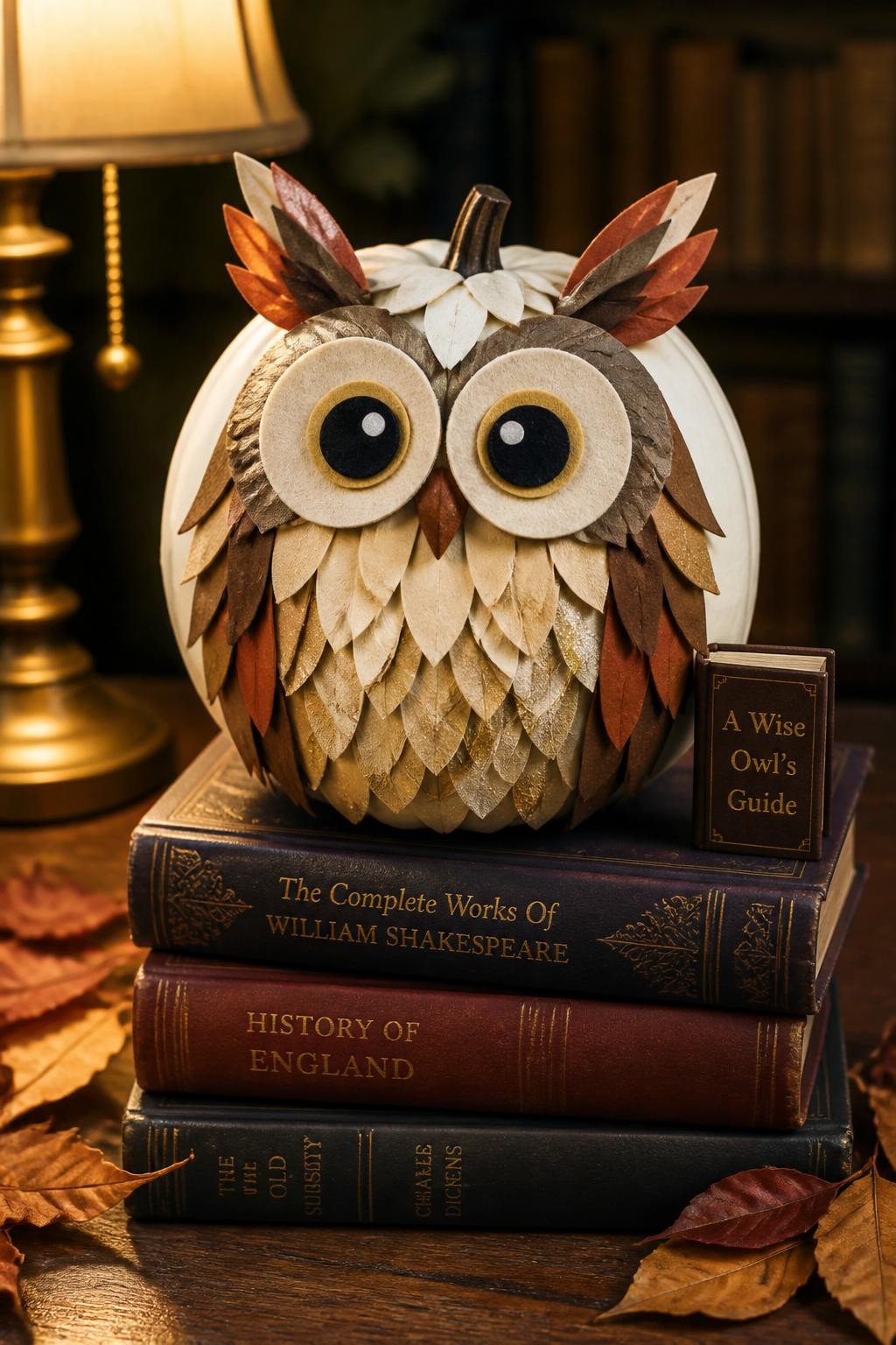 Image Prompt: A realistic DSLR photo of a white pumpkin decorated as a wise owl, with layered paper feather cutouts in cream, brown, gold, and rust, large round felt eyes, small beak, tiny book prop beside it, perched on a stack of vintage books with dried leaves and warm reading nook light, cozy literary fall decor photography.