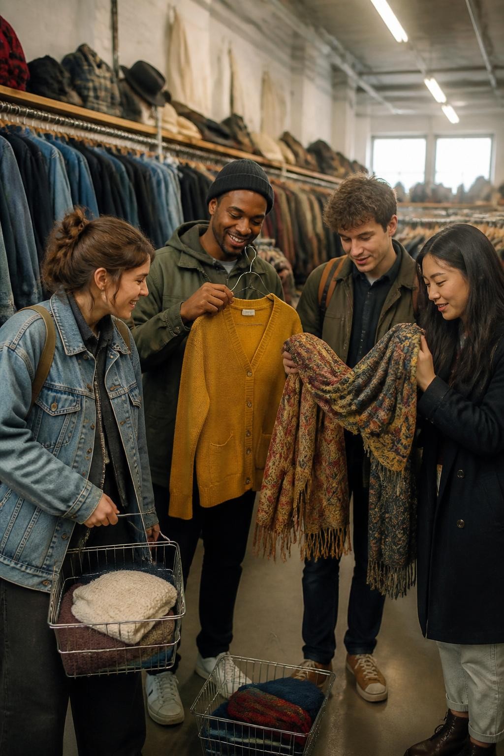 Image Prompt: Four college friends browsing a large thrift store clothing section filled with denim jackets, knit sweaters, scarves, corduroy trousers and wool coats, one Black man holding up a mustard cardigan while a friend compares two patterned scarves, small shopping baskets, casual campus clothing and backpacks, natural fluorescent store lighting balanced with soft daylight from nearby windows, genuine reactions and realistic clothing textures, editorial DSLR fashion photography, no readable price tags, no logos, no text overlay.