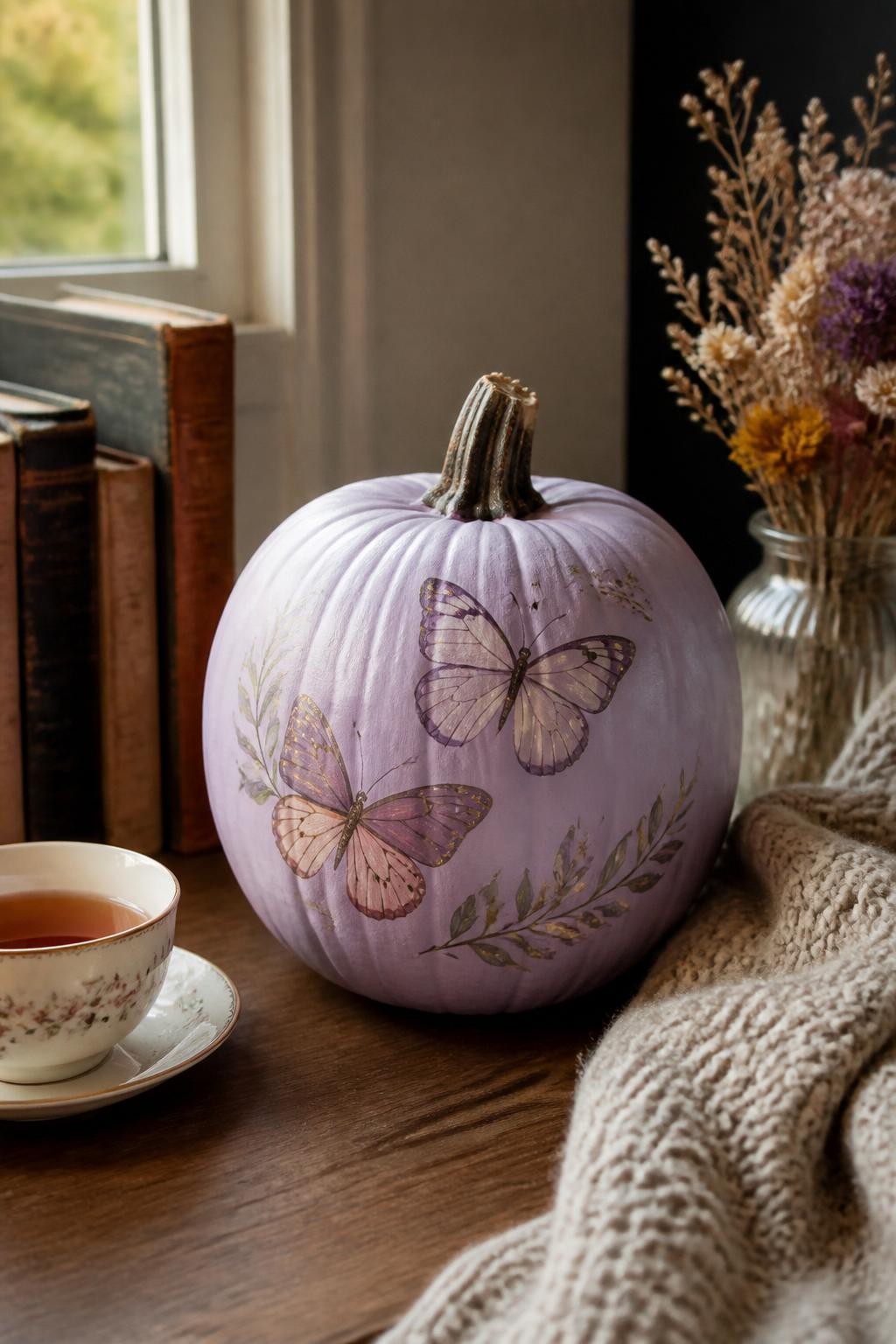 Horizontal 16:9 realistic iPhone photo of a matte pale-lavender real pumpkin painted with three delicate butterflies in dusty pink, muted purple, cream, and soft gold, fine brown outlines and small sage leaves nearby, natural brown stem, displayed on a reading nook table beside old books, a ceramic tea cup, dried flowers, and a folded blanket, soft late-afternoon daylight, realistic hand-painted wings, no text.