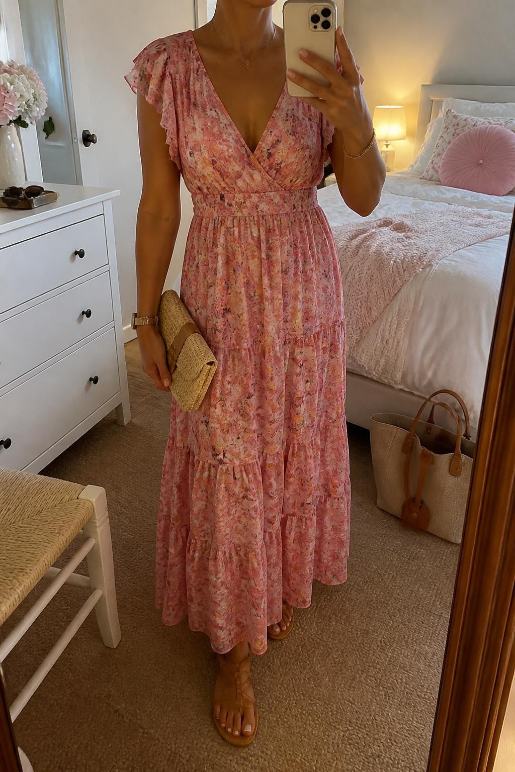 Image prompt
mirror selfie of a woman wearing a pink floral chiffon maxi dress with a flowy skirt, tan strappy flat sandals, pearl stud earrings, and a small woven clutch, holding a phone in front of a mirror, cropped at NECK so face doesn't show, with a natural casual selfie pose, in a feminine-themed bedroom, evening golden hour, including small lived-in details like a tote bag on the floor, sunglasses on a dresser, or soft bedding in the background, latest iPhone photo quality.