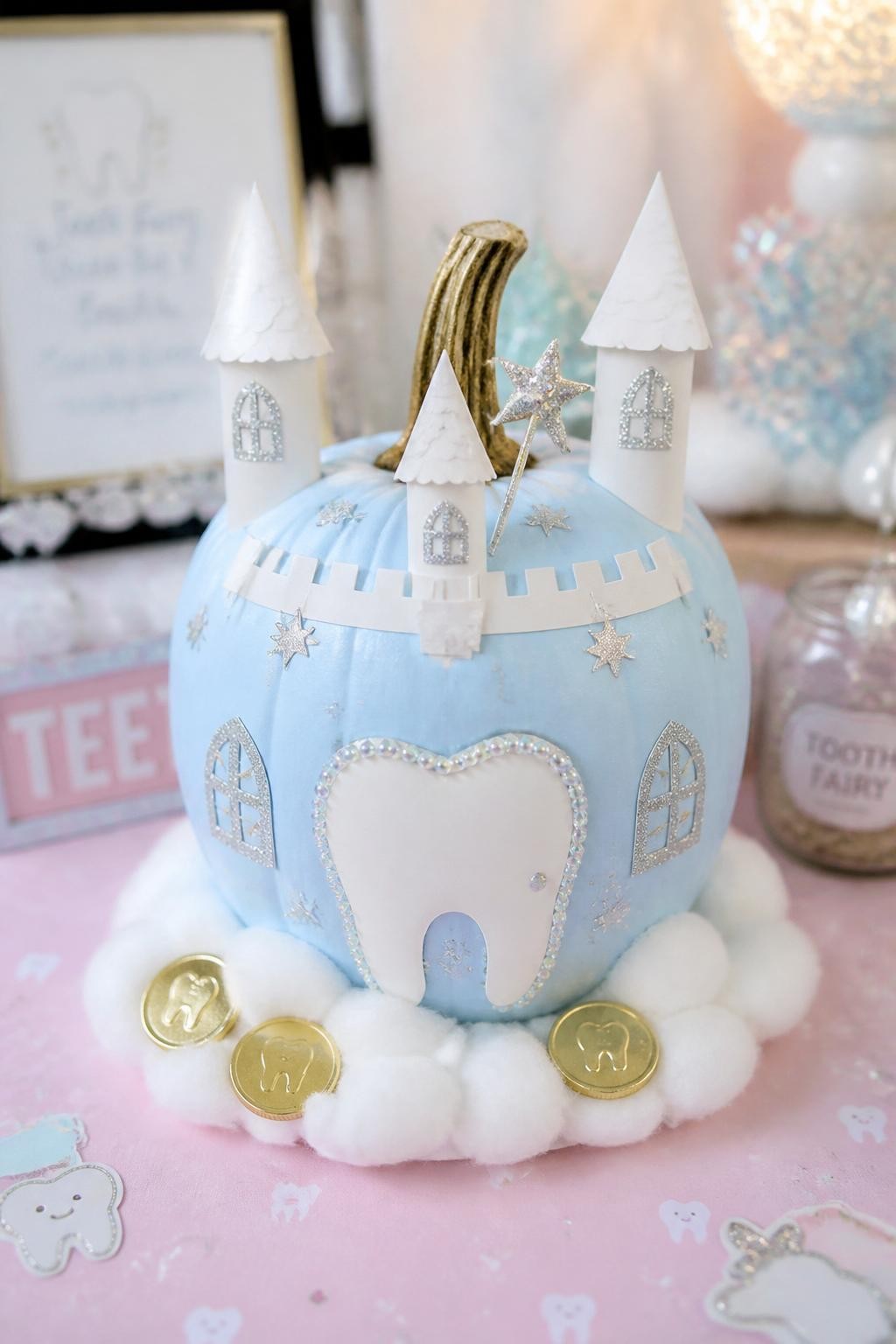 Image Prompt: A realistic DSLR photo of a pale blue pumpkin decorated as a tiny tooth fairy castle, with white paper castle towers, silver windows, tooth-shaped doorway, glitter star stickers, cotton cloud base, tiny gold coins, and a miniature wand near the stem, displayed on a pastel craft table with soft magical lighting, whimsical dental-themed pumpkin display.