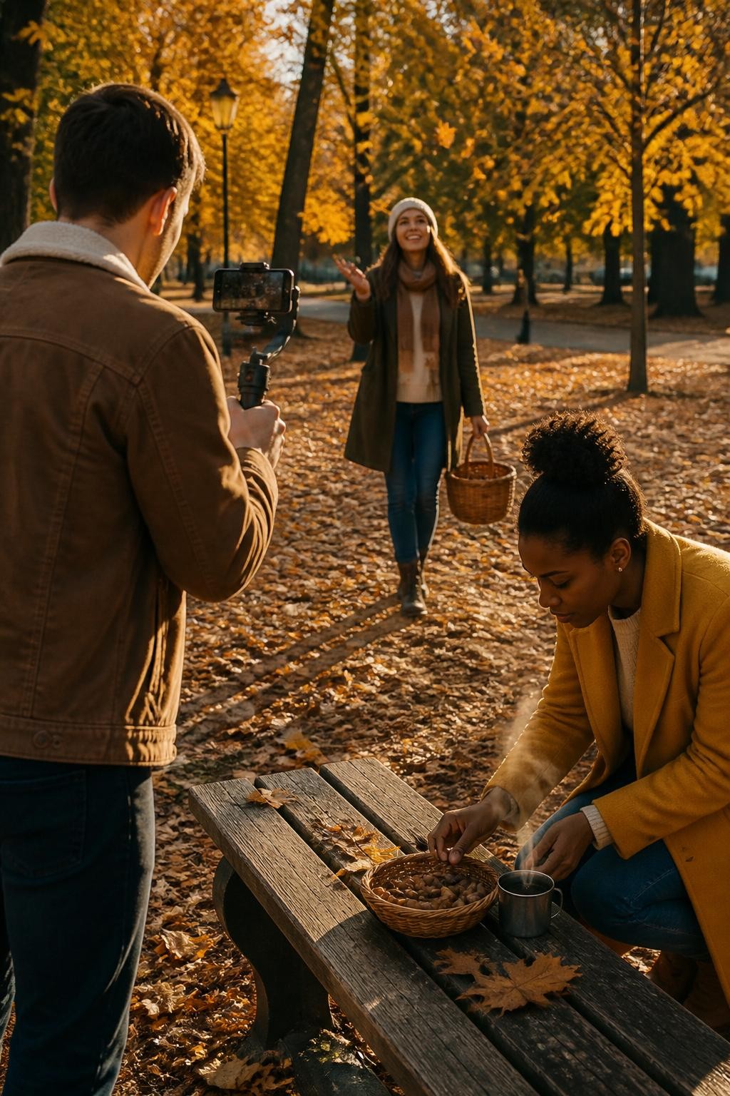 Image Prompt: Three friends filming a short autumn video in a quiet park, one person holding a smartphone on a small stabilizer while another walks through falling leaves carrying a picnic basket, a Black woman in a mustard coat arranging a close-up shot of acorns and a steaming cup on a wooden bench, golden trees and long afternoon shadows, natural behind-the-scenes interaction, editorial DSLR photography, 35mm lens, no visible phone screen content, no text overlay.