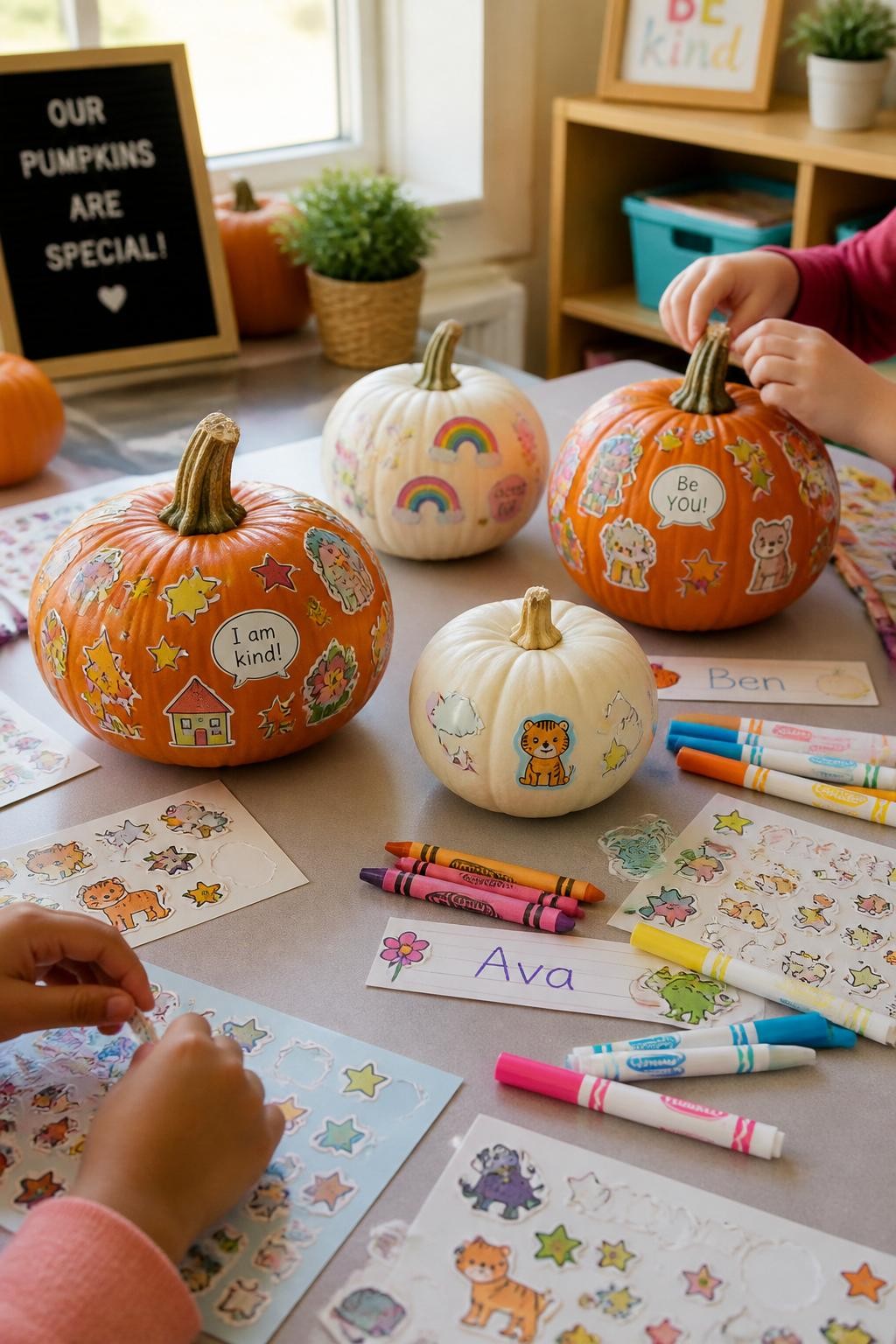 Image Prompt: A realistic DSLR photo of small orange and white pumpkins covered with colorful storybook-style stickers, including stars, clouds, animals, tiny houses, flowers, and speech bubbles, arranged on a kid-friendly craft table with sticker sheets, crayons, washable markers, paper name tags, and a few small child hands placing stickers, bright natural window light, cheerful fall classroom craft setting, clean and playful.