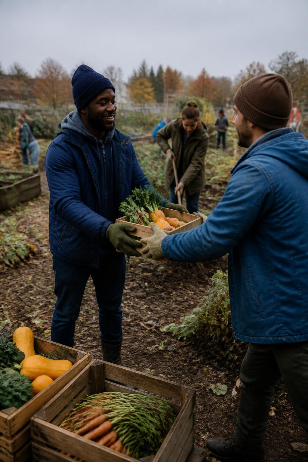 Image Prompt: A group of adult friends volunteering at a community garden on a cool fall morning, wooden crates filled with carrots, squash and leafy vegetables, one Black man passing produce to a friend while two others clear finished garden beds, practical gloves, waterproof jackets and muddy boots, natural teamwork and conversation, other volunteers working softly in the background, pale overcast daylight, documentary-style DSLR photography, 35mm lens, no staged charity poses, no text.