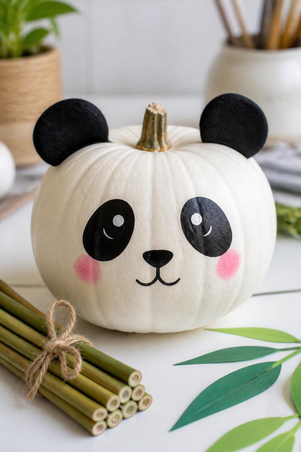 Image Prompt: A realistic DSLR photo of a white pumpkin decorated as a panda, with black painted eye patches, felt ears, tiny black nose, soft blush cheeks, bamboo sticks tied with twine beside it, displayed on a clean white craft table with green paper leaves and warm natural light, cute animal pumpkin decorating idea with crisp details.