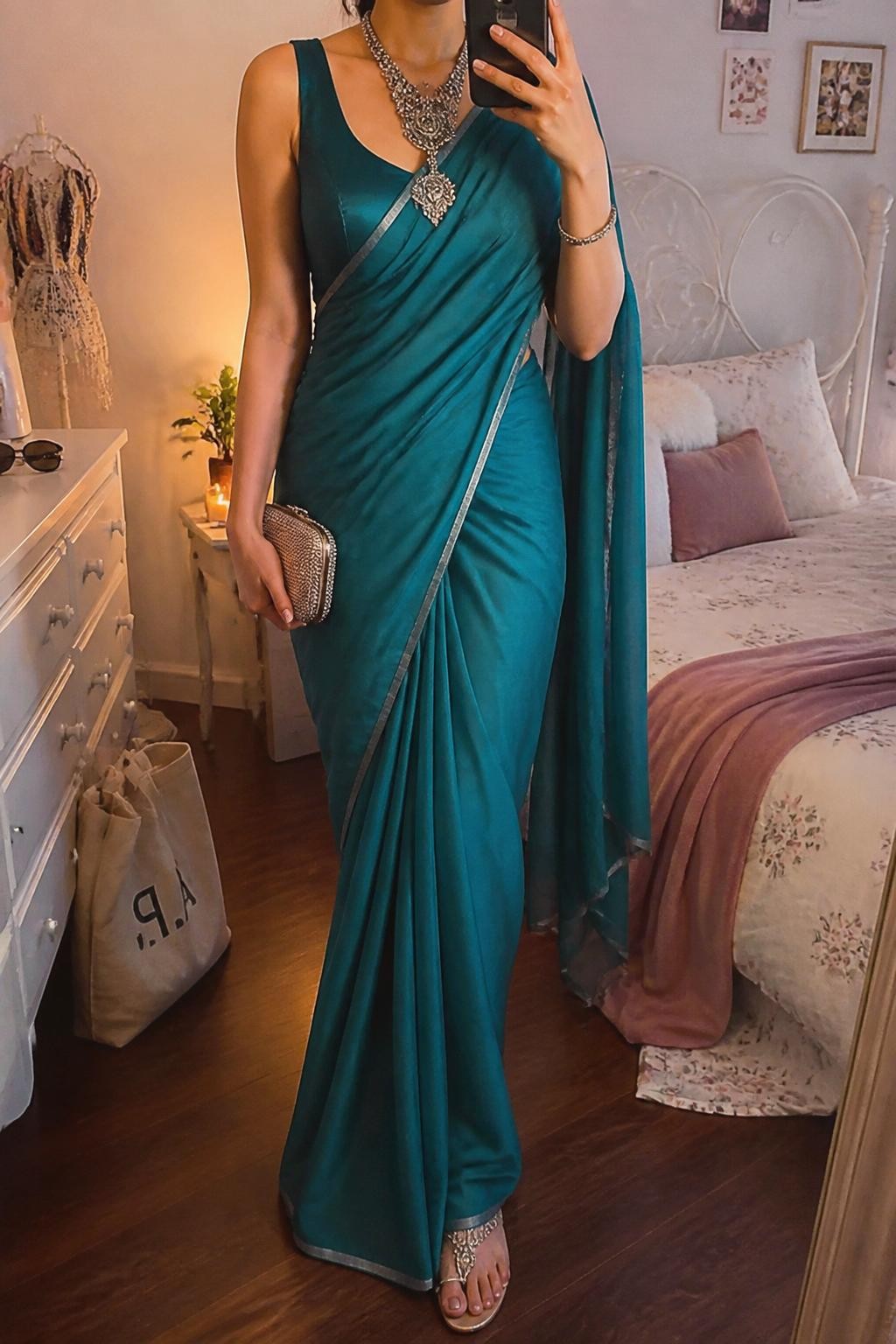 Image prompt
mirror selfie of a woman wearing a teal silk saree with a simple border and a matching blouse, silver temple jewelry set, embellished sandals, and a small silver clutch, holding a phone in front of a mirror, cropped at NECK so face doesn't show, with a natural casual selfie pose, in a feminine-themed bedroom, evening golden hour, including small lived-in details like a tote bag on the floor, sunglasses on a dresser, or soft bedding in the background, latest iPhone photo quality.