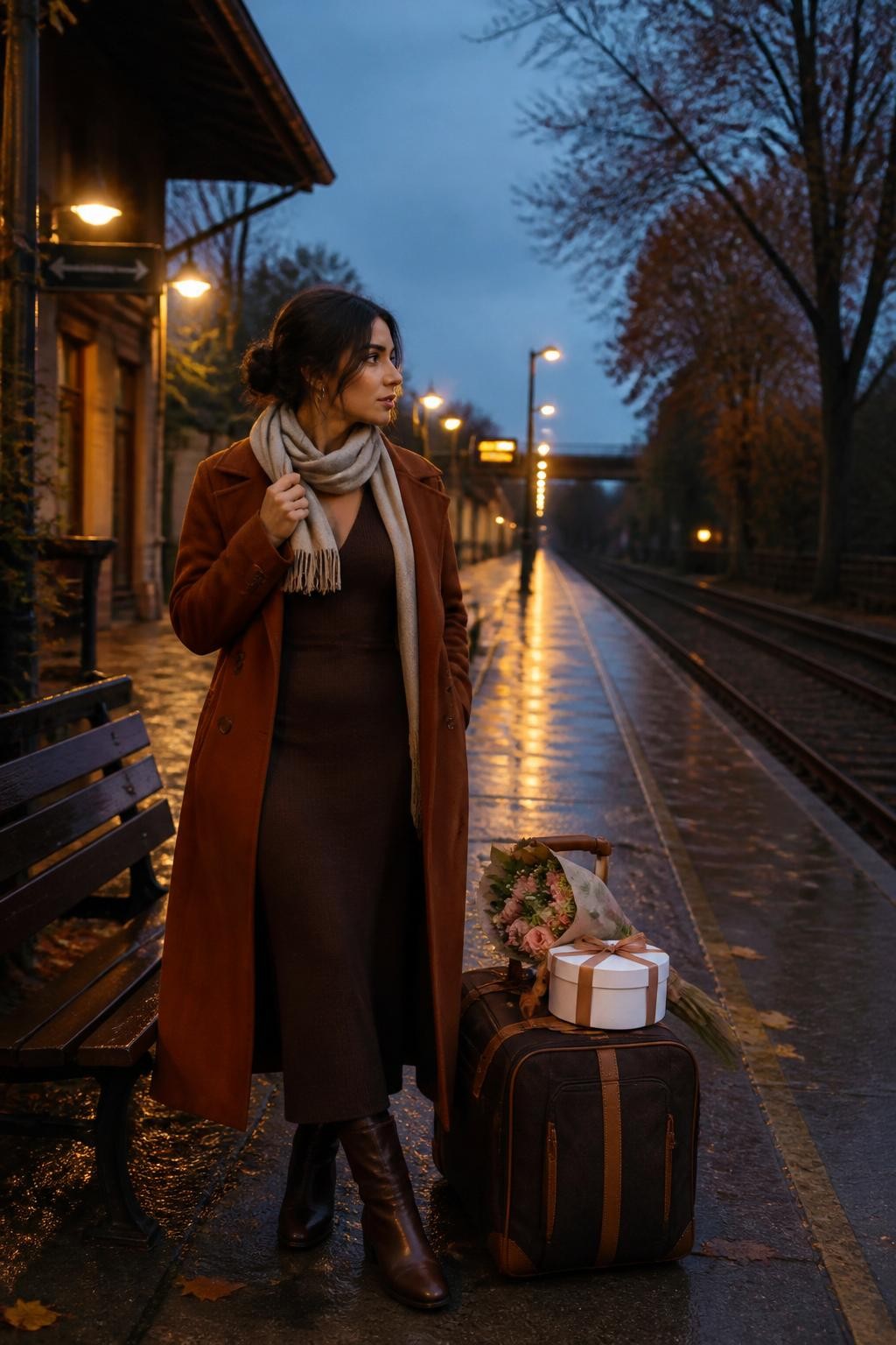 Image Prompt: A cinematic but realistic DSLR photograph of a young Mediterranean woman standing on a safe, quiet outdoor train platform at blue hour. She wears a long rust-colored coat over a fitted dark brown dress, cream scarf, and leather boots. A compact overnight bag rests beside her, with a small bouquet and ribbon-tied cake box secured on top. She stands near a bench while looking down the track, one hand holding the coat collar against the breeze. Warm platform lights reflect across damp pavement, while remaining copper leaves and a pale blue sky appear beyond the station. Natural tan skin texture, realistic luggage proportions, clear safety distance from the track edge, atmospheric birthday travel photography.