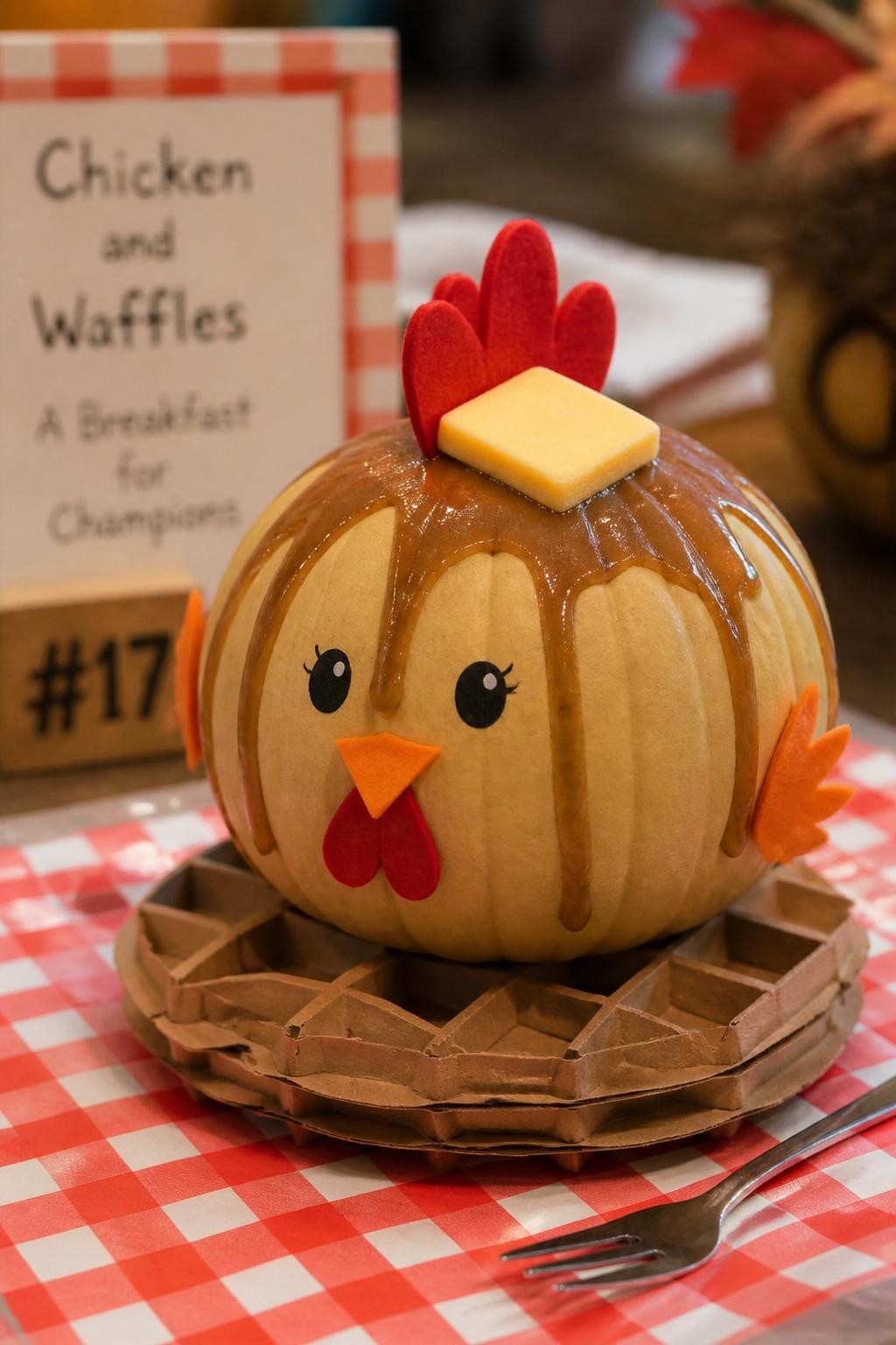 Image Prompt: A realistic DSLR photo of a small tan pumpkin decorated as a cute chicken sitting on a paper waffle base, with red felt comb, orange beak, tiny wings, faux butter square, syrup-colored paint drip, checkered diner napkin, mini fork, and warm brunch table light, clever food-themed fall pumpkin contest display.