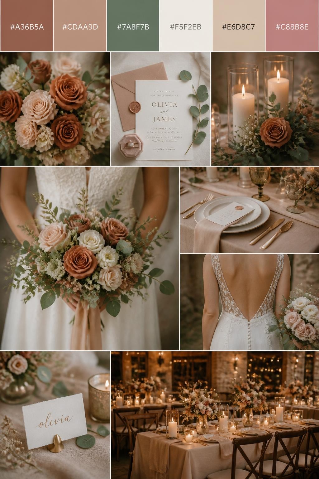 Image Prompt:
A realistic wedding color mood board in a vertical collage style. Add a top strip of palette swatches with hex codes in clay, warm nude, eucalyptus green, ivory, soft beige, and dusty rose. Below, show realistic wedding details like clay-toned flowers, nude table linens, eucalyptus greenery, romantic candles, elegant invitations, a bouquet held in front of the body with no face shown, back-view bridal detail shots, and a warm no-people reception scene with earthy floral styling. Use no clear faces, with a mix of cropped body details, hands-only shots, and no-people styling scenes. The look should feel soft, earthy, romantic, and polished with DSLR realism. 9:16 vertical format. (no watermarks on images)