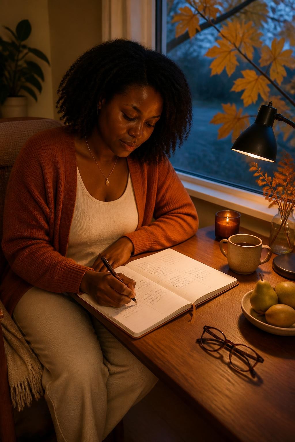 Image Prompt: A realistic DSLR lifestyle photograph of a Black woman with deep brown skin completing a quiet fall life audit at a tidy wooden desk, wearing a soft rust-colored cardigan over cream lounge clothes, natural curls styled in a relaxed shoulder-length shape, open notebook divided into simple sections for work, home, relationships, health, rest, and finances, handwriting blurred and unreadable, warm tea, pen, reading glasses, and a small bowl of pears nearby, golden leaves visible through the window at dusk, warm amber desk lamp contrasting with the cool blue evening outside, realistic skin and paper textures, calm editorial wellness photography, 50mm lens, no visible brand names, no text overlay.