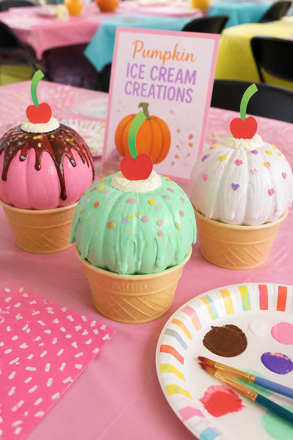 Image Prompt: A realistic DSLR photo of small painted pumpkins decorated like ice cream scoops, sitting on paper cone bases, with pastel paint, sprinkle stickers, tiny paper cherries, and craft foam toppings, arranged on a bright party table with napkins and paintbrushes, fun kids fall craft display, colorful and realistic.