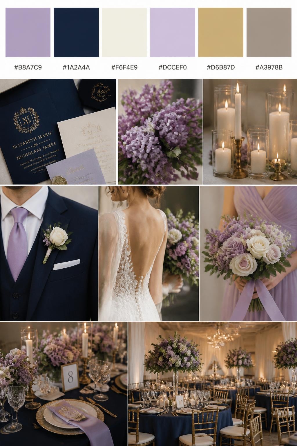 Image Prompt:
A realistic wedding palette board with a top row of color swatches and hex codes in lilac, navy blue, cream, pale lavender, soft gold, and warm taupe. Below, show a polished collage of navy suit details, lilac flowers, cream candles, elegant paper goods, a groom suit detail with boutonniere and no visible face, cropped dress shots, bouquet styling in hands-only composition, and a romantic reception table. Use no full faces, with side crops, back views, and no-people decor shots for variety. The mood should feel classic, romantic, and polished with true-to-life DSLR quality. 9:16 vertical format. (no watermarks on images)