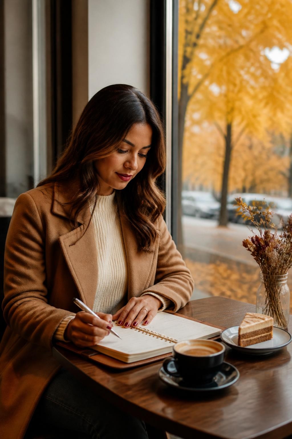 Image Prompt: A stylish realistic DSLR photograph of a woman enjoying a solo monthly check-in at a quiet café during fall, wearing a camel coat over a cream sweater, reviewing a planner beside a warm drink and small slice of cake, pen in hand, phone placed away from the notebook, large window showing golden autumn trees outside, relaxed thoughtful expression, subtle berry lipstick and neat manicure, warm natural afternoon light, caramel, rust, cream, and soft green color palette, polished editorial lifestyle photography, 50mm lens, no readable writing, no logos, no text.