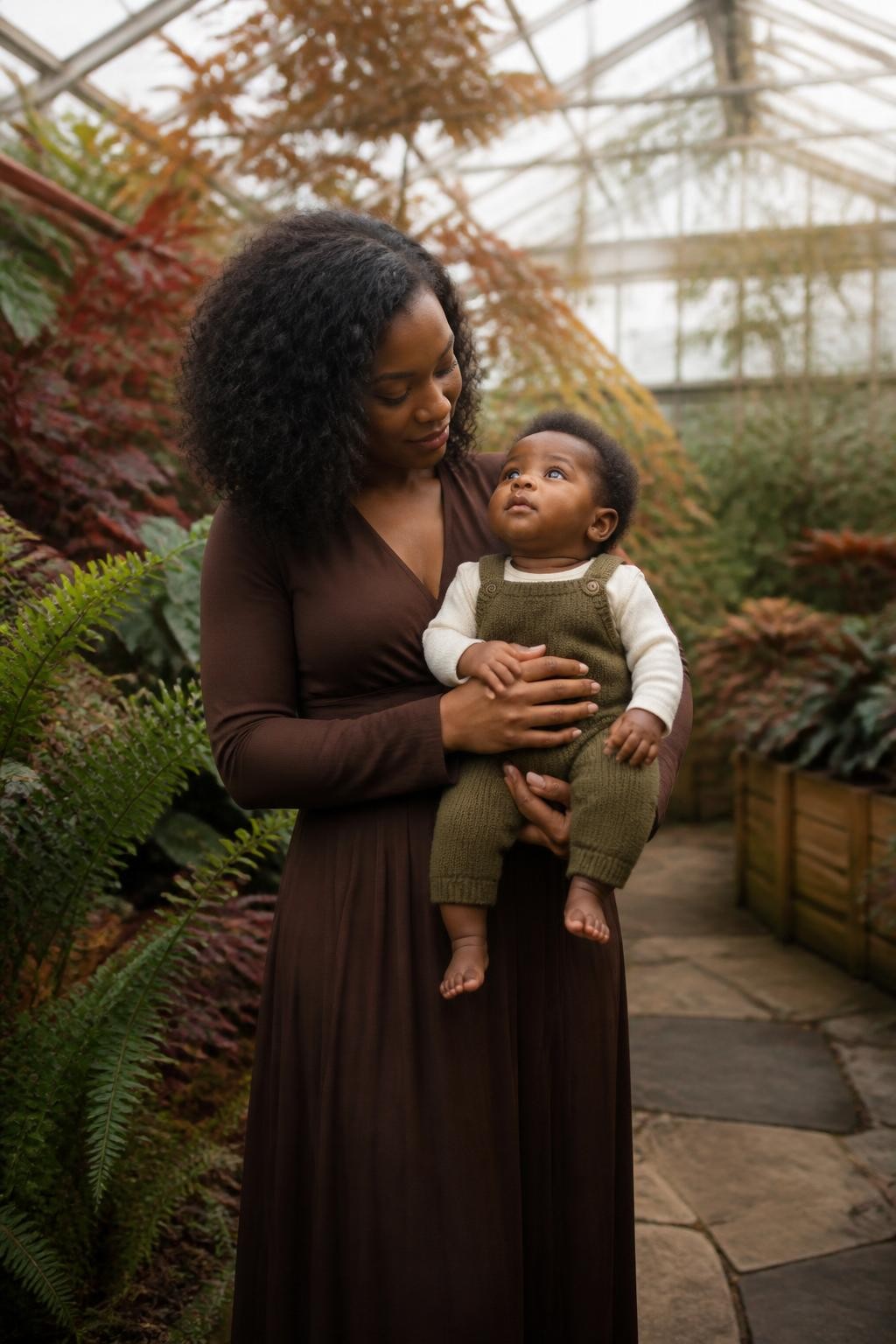 Image Prompt: A realistic DSLR portrait of a young Black mother holding her five-month-old baby securely against her chest inside a public greenhouse during fall. The baby has deep brown skin and wears an olive knitted romper over a fitted cream bodysuit, with bare feet and no head accessories. The mother wears a long chocolate wrap dress and stands on a stone path surrounded by ferns, burgundy foliage, amber leaves, and warm wooden planters. She looks down at the baby while the baby looks toward the filtered light above. Natural deep brown skin tones, realistic curls and skin texture, secure two-handed hold, softly blurred plants, diffused daylight through the glass roof, refined editorial family portrait.