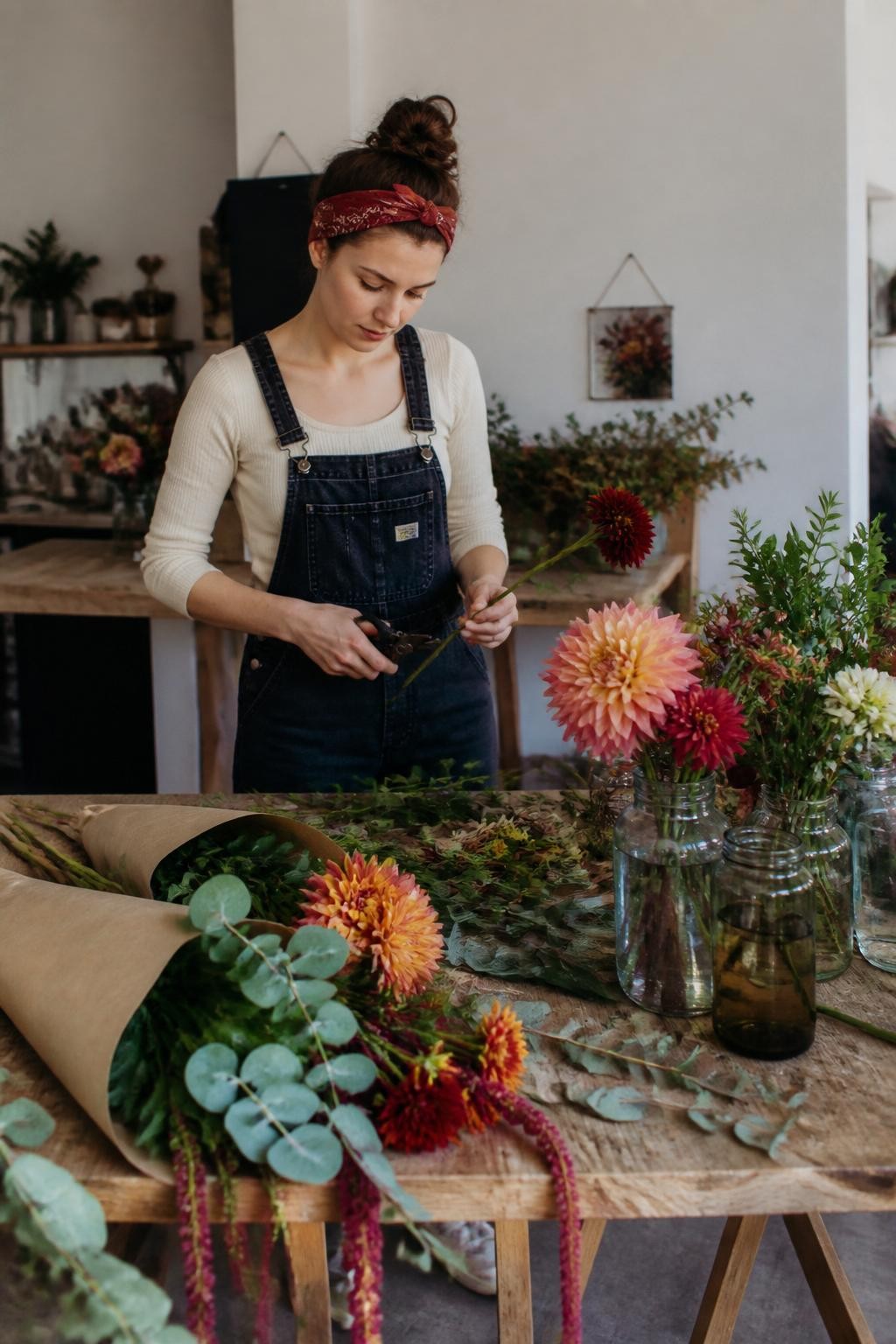 Image Prompt: A realistic DSLR photograph of a young white woman arranging autumn flowers on a large dining table inside a bright studio apartment. She wears dark denim overalls over a fitted cream shirt, with a faded burgundy bandana tied around her hair. The table holds dahlias, chrysanthemums, amaranthus, eucalyptus, paper wrapping, twine, and several mismatched glass jars. Some flowers remain bundled while others are partly arranged. She stands behind the table trimming one stem with small floral scissors, looking down with a natural concentrated expression. Soft window light, realistic flower texture, scattered leaves and stems, believable workspace, rich but natural color palette.