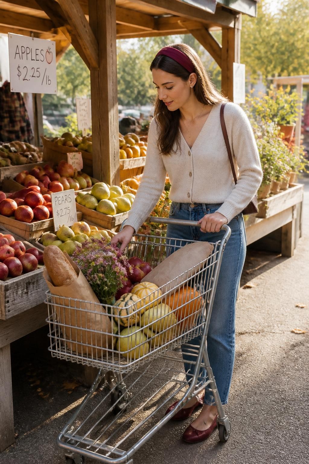 Image Prompt: A bright, realistic DSLR lifestyle image of a young woman pushing a metal grocery cart through an outdoor farm market in early fall. The cart contains apples, pears, flowers, a paper-wrapped loaf of bread, a small squash, and a folded checked tote bag. She wears relaxed blue jeans, a fitted oatmeal cardigan, burgundy ballet flats, and a dark red headband. Capture her from a low three-quarter angle while she looks down at the produce rather than at the camera. Wooden market tables, handwritten price signs, imperfect fruit, soft morning sunlight, natural shadows, believable skin and fabric texture, modern editorial composition.