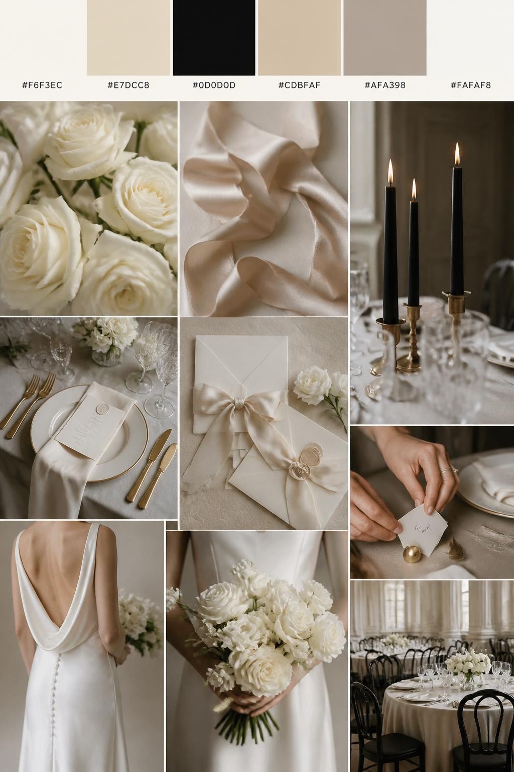 Image Prompt:
A realistic old money wedding color palette mood board in a Pinterest-style collage layout. Add a top row of clean color swatches with small hex codes in ivory, champagne, black, warm beige, soft taupe, and pearl white. Below the swatches, create a polished collage of elegant wedding details: ivory roses, champagne satin ribbon, black tapered candles, refined table settings, formal stationery with silk ribbon, a bouquet held at waist level with no face visible, hands adjusting place cards, a back-view bridal detail, and a no-people reception table scene in a grand elegant venue. Use side views, back views, cropped-from-neck detail shots, hands-only styling, and no-people scenes to avoid showing faces. Soft natural light, quiet luxury styling, DSLR-style realism, 9:16 vertical format. No extra text except small hex codes on the palette strip. (no watermarks on images)