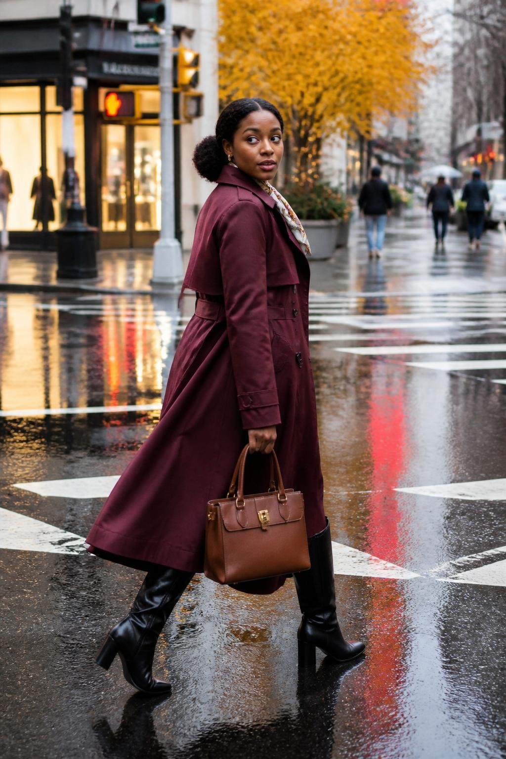 Image Prompt: A realistic street-style DSLR photograph of a stylish young Black woman walking across a wet city crosswalk after light fall rain. She wears a rich plum trench coat, black knee-high boots, a structured brown handbag, and a patterned silk scarf tied under her collar. Her natural hair is styled in a low textured bun. The pavement reflects traffic lights, yellow trees, shop windows, and the deep color of her coat. Capture her mid-step while looking slightly over one shoulder, with a few pedestrians softly out of focus in the distance. Overcast daylight, natural deep brown skin tone, realistic water reflections, slight movement in the coat hem, modern Instagram street photography.