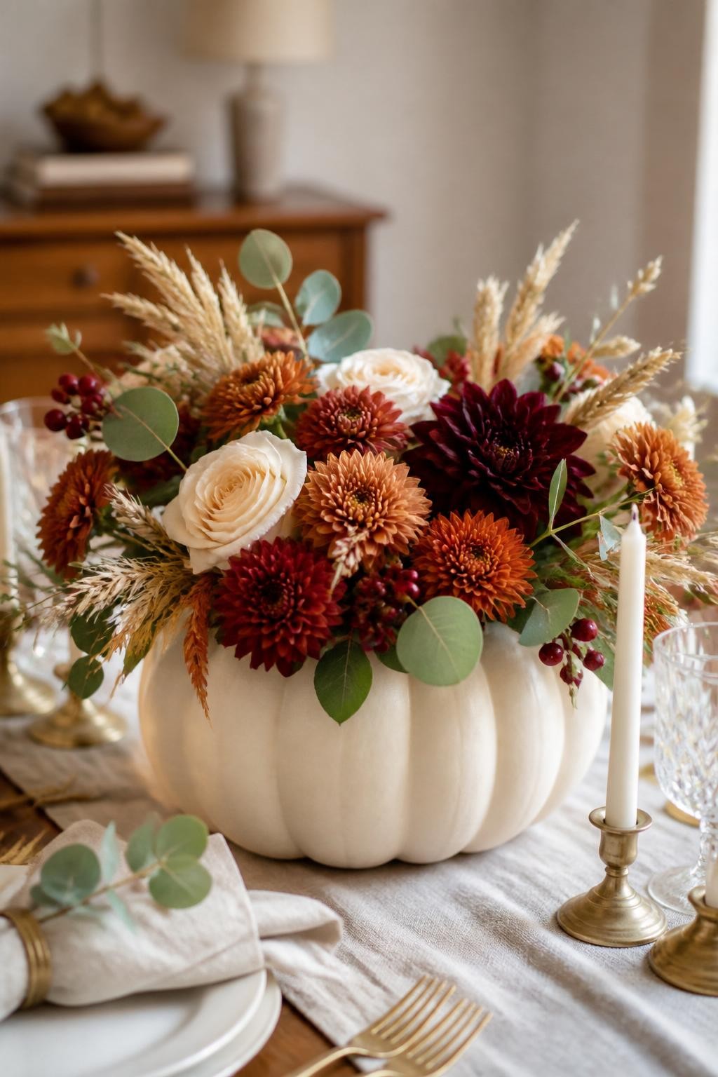 Image Prompt: A realistic DSLR photo of a large cream foam pumpkin cut open at the top and filled with faux fall flowers, including rust mums, ivory roses, dried wheat, eucalyptus, burgundy dahlias, and small berry stems, styled on a dining table with linen napkins and brass candle holders, warm natural light, elegant fall centerpiece photography.