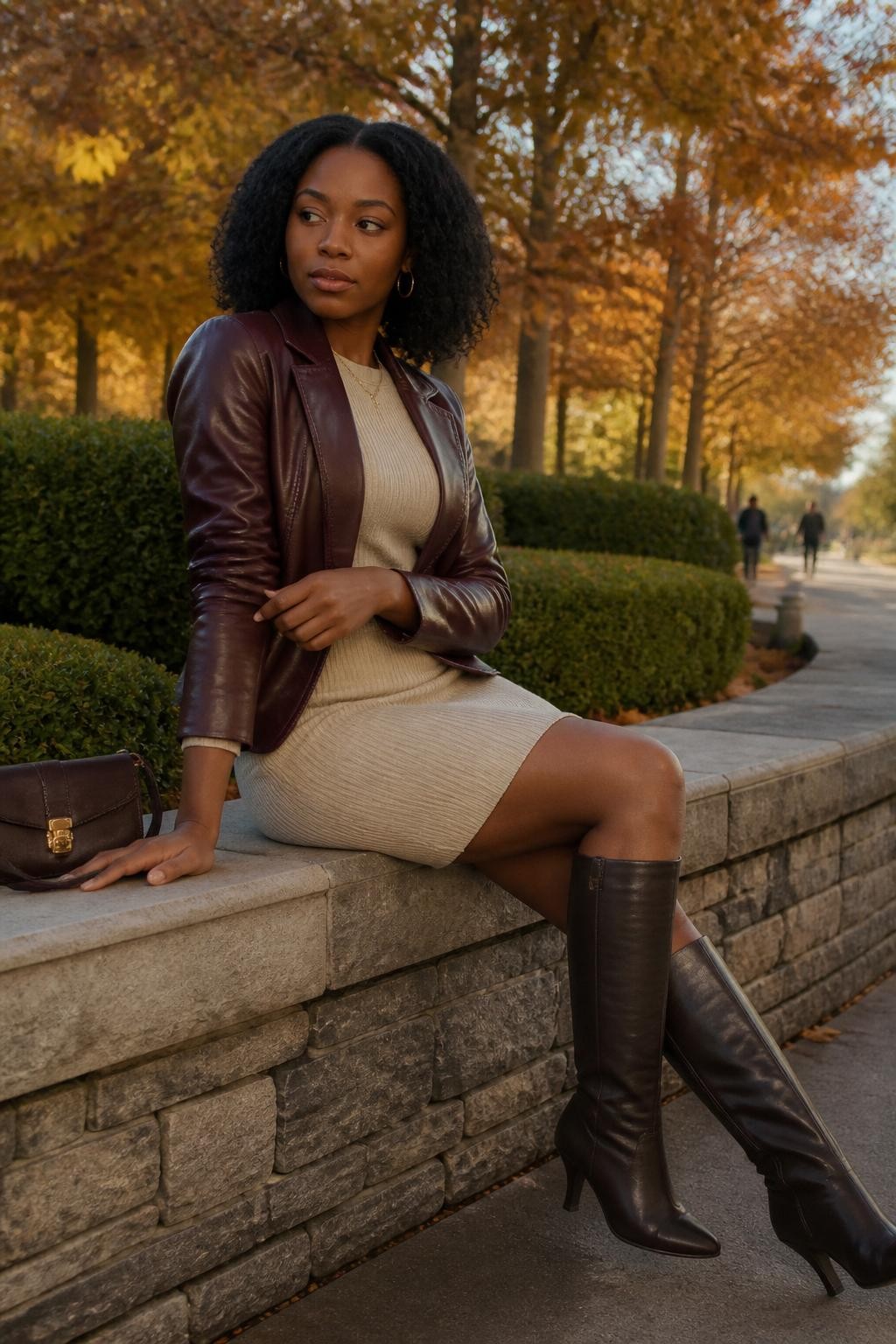 Image Prompt: A realistic DSLR street-style photograph of a young Black woman sitting sideways on a low stone wall in a landscaped city park during fall. She wears a deep plum leather jacket, an oatmeal knit dress, dark knee-high boots, and a small chocolate handbag. Her natural hair is styled in a soft shoulder-length twist-out. Both knees angle toward one side while her upper body turns gently back toward the camera. One palm rests behind her on the wall for support, while the other hand adjusts the cuff of her jacket. A row of amber trees and a blurred walking path fill the background. Soft morning sunlight, natural deep brown skin tone, realistic stone and fabric textures, relaxed shoulders, elegant body proportions, polished editorial composition.