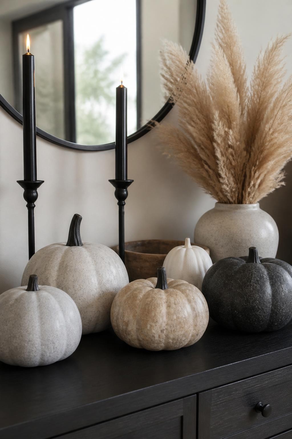 Image Prompt: A realistic DSLR photo of foam pumpkins painted with a matte stone texture in warm gray, limestone beige, ivory, and charcoal, arranged on a modern entryway console with black taper candles, dried pampas grass, a ceramic bowl, and soft natural window light, realistic brushed texture, elegant neutral fall home decor styling.