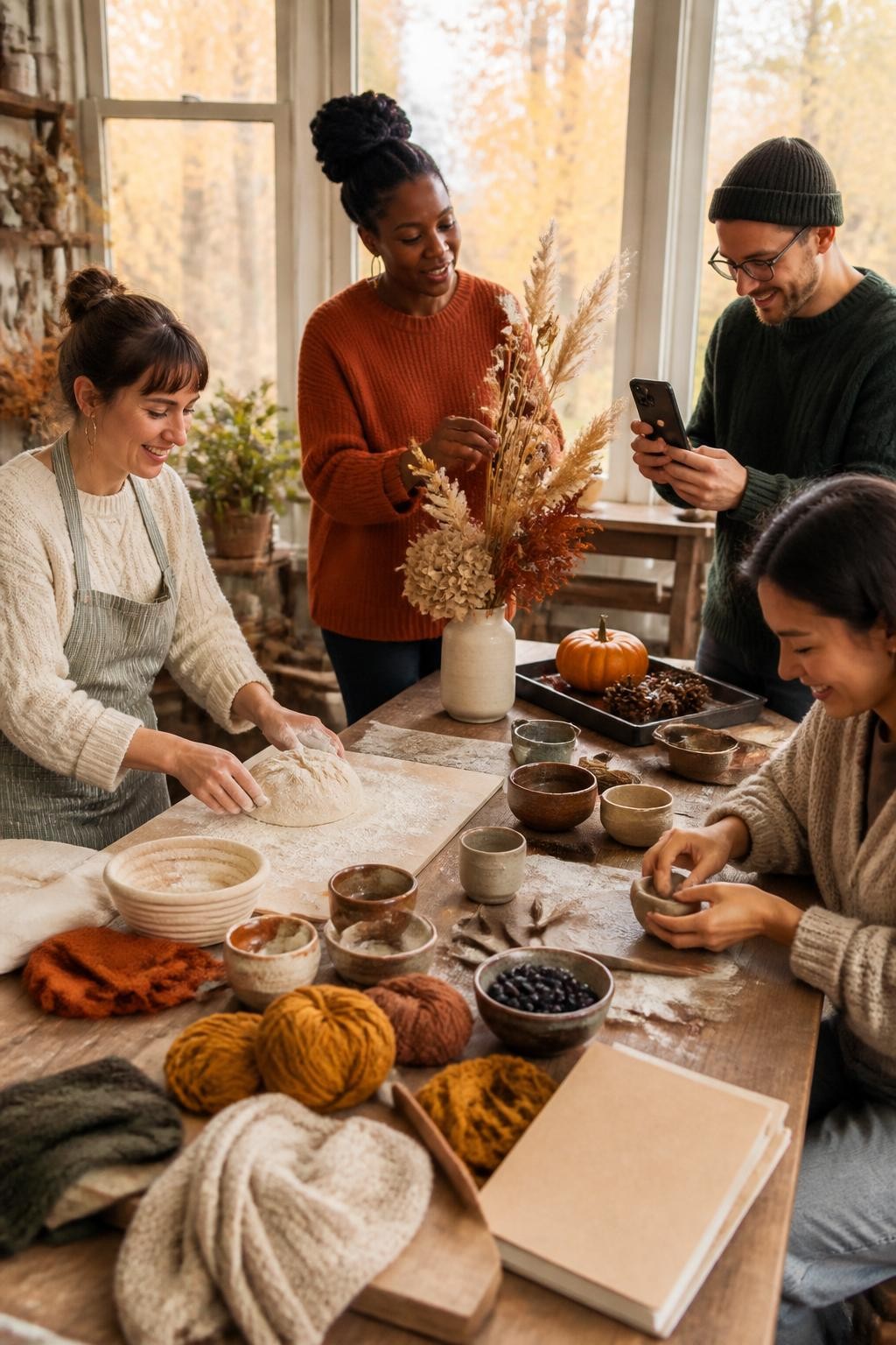 Image Prompt: Four adult friends gathered around a large wooden table in a bright home studio during fall, each person teaching a small practical skill, one Black woman demonstrating simple flower arranging with dried grasses, another friend showing basic bread shaping, a man teaching phone photography beside a tray of seasonal objects, notebooks, yarn, clay, kitchen tools and warm drinks spread naturally across the workspace, layered sweaters in rust, cream and forest green, golden trees visible through large windows, candid concentration and laughter, realistic skin texture, fabric creases and handmade imperfections, editorial DSLR lifestyle photography, 35mm lens, no readable writing, no logos, no text overlay.