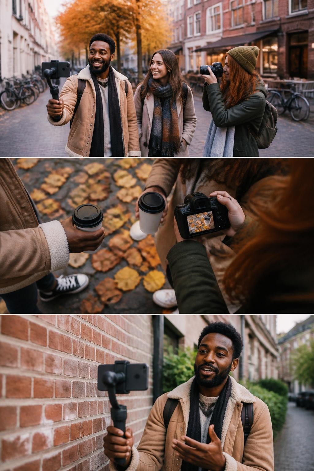 Image Prompt: Three close friends walking through a colorful historic neighborhood during fall while recording a short friendship documentary, one Black man holding a smartphone on a compact stabilizer, a woman filming close-up details of hands carrying coffee and leaves on the pavement, another friend answering a question beside an old brick wall, layered coats, scarves and comfortable shoes, amber street trees, bicycles and café windows in the background, candid movement, soft cloudy afternoon light, natural expressions, editorial travel DSLR photography, 35mm lens, no readable storefront names, no text overlay.