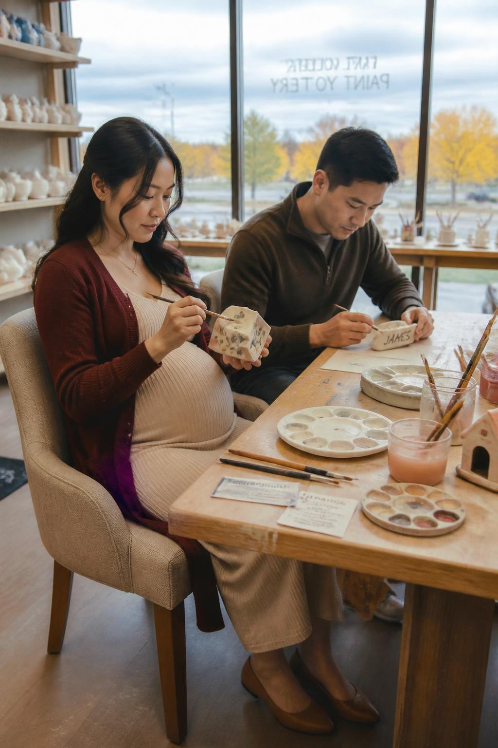 Image Prompt: A realistic DSLR photograph of a pregnant East Asian woman seated at a supportive chair inside a bright ceramic-painting studio. She wears a dark burgundy maternity cardigan over a fitted oatmeal dress, with low brown shoes. She paints a small ceramic night-light in muted olive and rust patterns while her partner paints a simple name plaque beside her. Brushes, water cups, paint palettes, and unfinished ceramic pieces sit across the wooden table. Large windows reveal cloudy skies and yellow trees. Natural skin tones, realistic hand placement, visible paint marks, comfortable seated posture, warm creative maternity editorial photography.