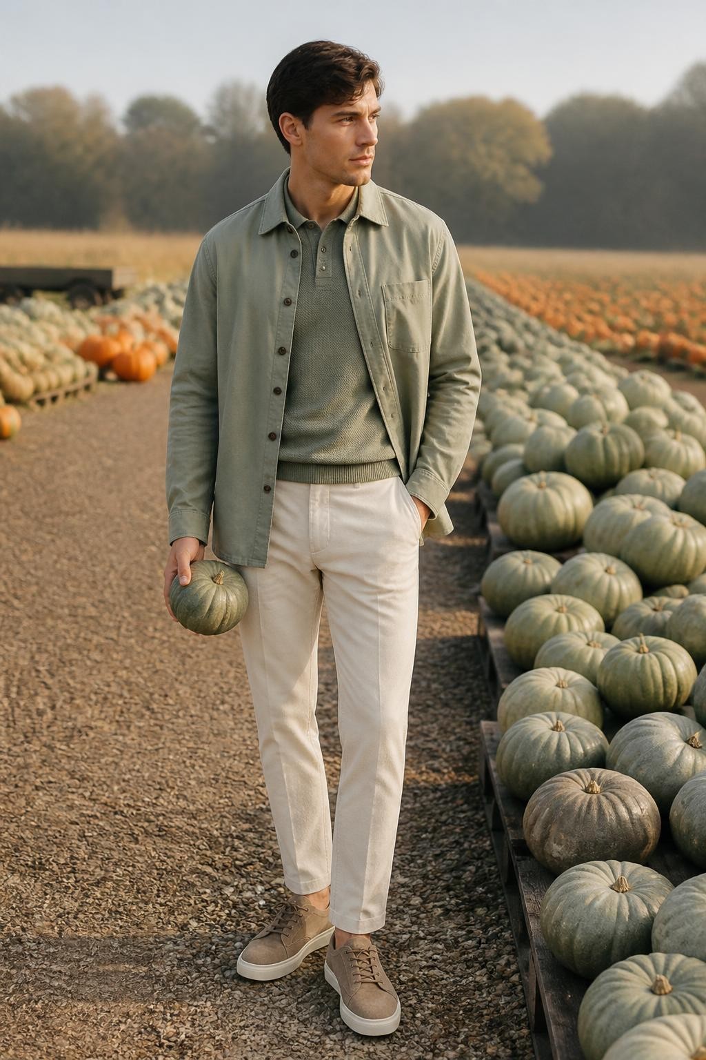 Image Prompt: A polished realistic DSLR fashion portrait of a young white man standing among pale grey-green pumpkins while wearing a muted sage overshirt, matching knit polo, cream trousers, and taupe suede sneakers. He holds one small green pumpkin loosely at his side while standing with one foot slightly forward. His body faces the camera, but his head turns toward the adjacent row. The surrounding orange pumpkins remain farther in the background so the foreground palette stays mostly green and neutral. Soft morning light, natural skin texture, visible suede and knit detail, clean editorial composition, sophisticated autumn color styling.