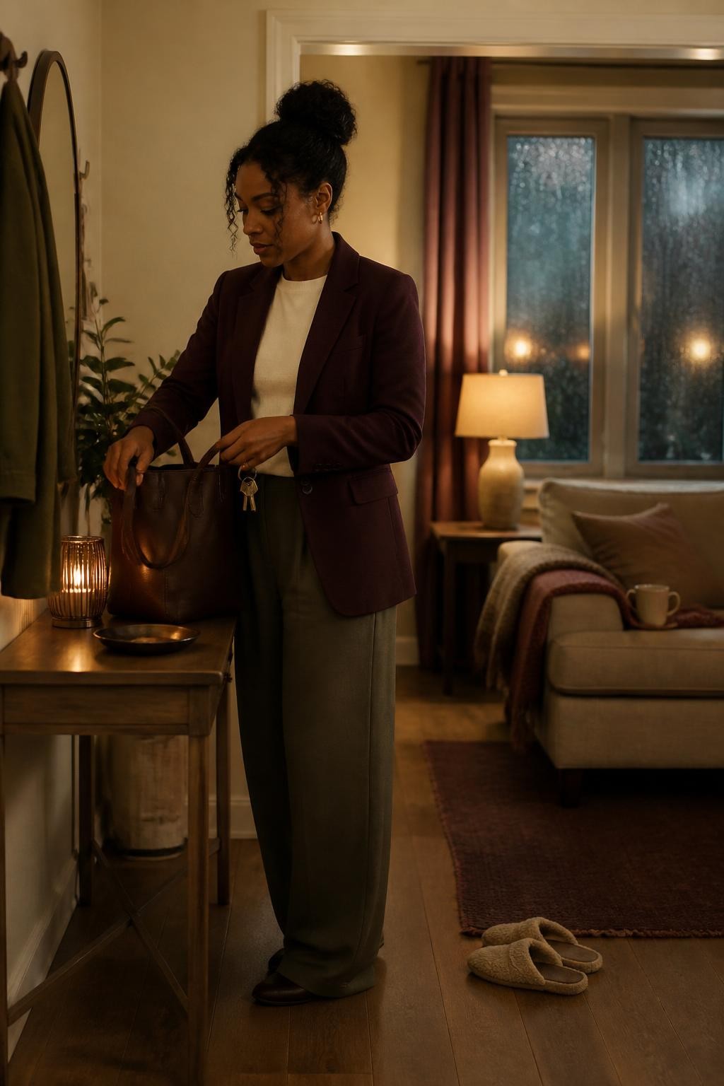 Image Prompt: A cinematic lifestyle photograph of a Black woman with medium-deep brown skin arriving home on a cool fall evening, placing her work bag and keys on a small entryway table while changing from a tailored blazer into a soft knit cardigan, comfortable lounge trousers and fuzzy slippers ready nearby, warm lamp glowing in the living room, ceramic mug and folded blanket on the sofa, rain-speckled window, muted burgundy, olive, caramel, and cream tones, realistic home details, natural expression and body proportions, DSLR editorial photography, 50mm lens, no text, no visible branding.