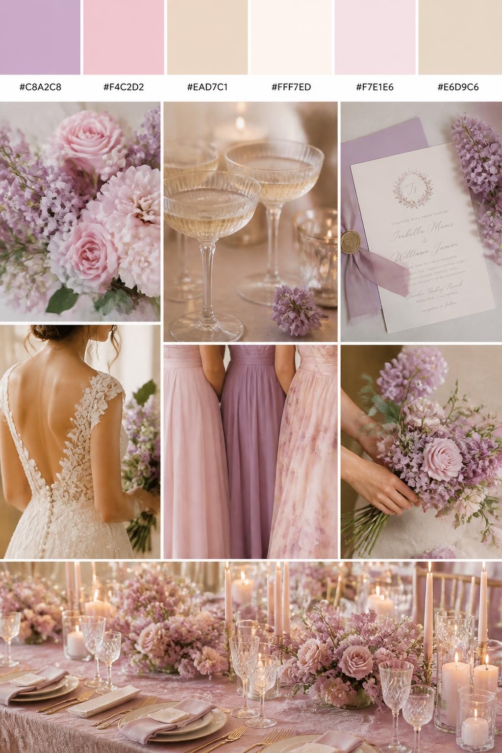 Image Prompt:
A realistic lilac wedding color palette mood board with a top strip of swatches and small hex codes in lilac, soft pink, champagne, ivory, pale rose, and warm beige. Below, show a cohesive collage of soft pink flowers, lilac blooms, champagne glassware, stationery with silk ribbon, a back-view bridal detail, cropped bridesmaid dress fabric shots, hands-only bouquet styling, and a romantic reception table under soft glowing light. Keep faces out of frame using side angles, back views, close-up crops, and no-people scenes. The overall mood should feel sweet, soft, romantic, and polished with realistic DSLR photo quality. 9:16 vertical format. (no watermarks on images)