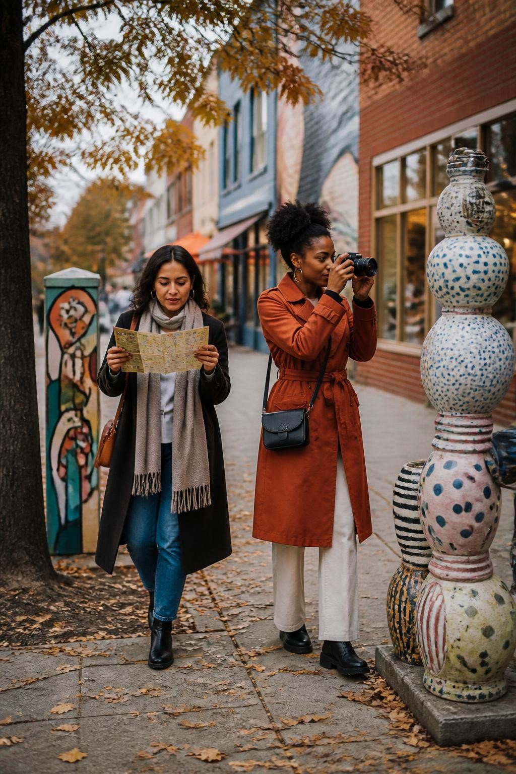 Image Prompt: Two adult friends walking through a small town during fall while following a folded art trail map, outdoor sculptures, painted utility boxes, murals and gallery windows appearing along a tree-lined street, one Black woman in a rust trench coat photographing a ceramic installation while her friend checks the next location, fallen leaves across the pavement, independent cafés and brick buildings softly blurred behind them, cloudy afternoon light, natural movement, editorial travel DSLR photography, 35mm lens, no readable business names, no text overlay.