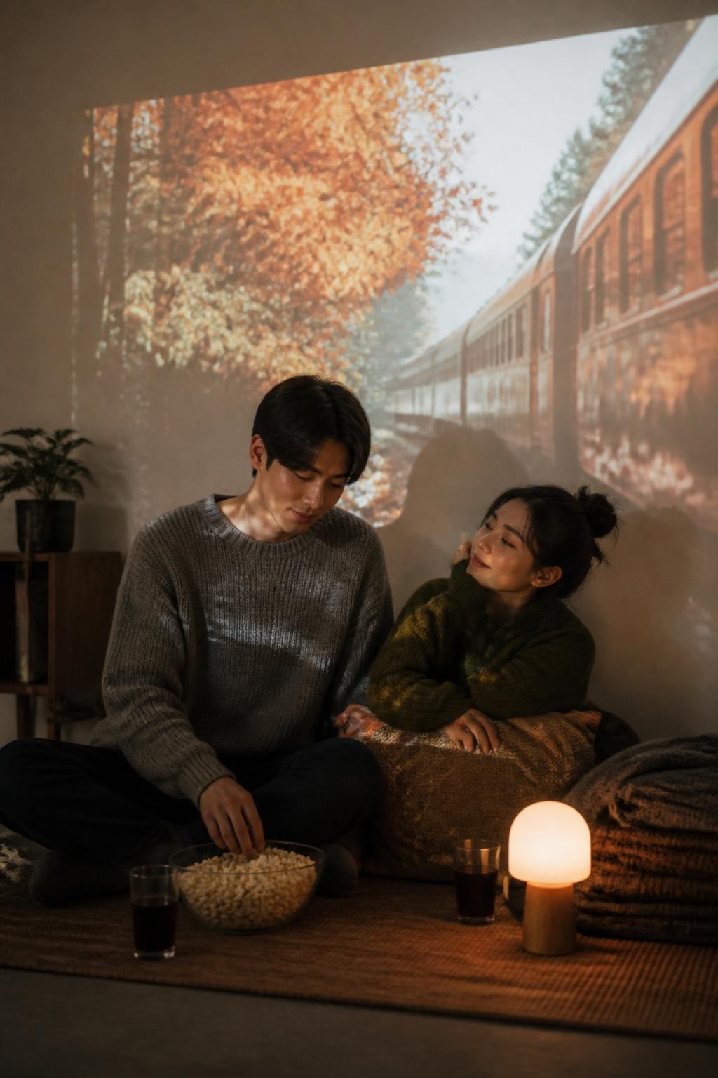 Image Prompt: A cinematic but realistic indoor photograph of a young East Asian couple sitting on a rug in front of a plain cream wall while a vintage autumn film is projected behind them. The projection shows abstract blurred imagery of orange trees and an old train rather than recognizable copyrighted characters. They wear relaxed knitwear in grey, brown, and deep green. One person reaches into a bowl of popcorn while the other leans back on a floor cushion. A small lamp, two drinks, and folded blankets sit nearby. The projector image falls softly across their clothing without hiding their faces, realistic low-light exposure, subtle grain, natural expressions, modern at-home date-night photography.