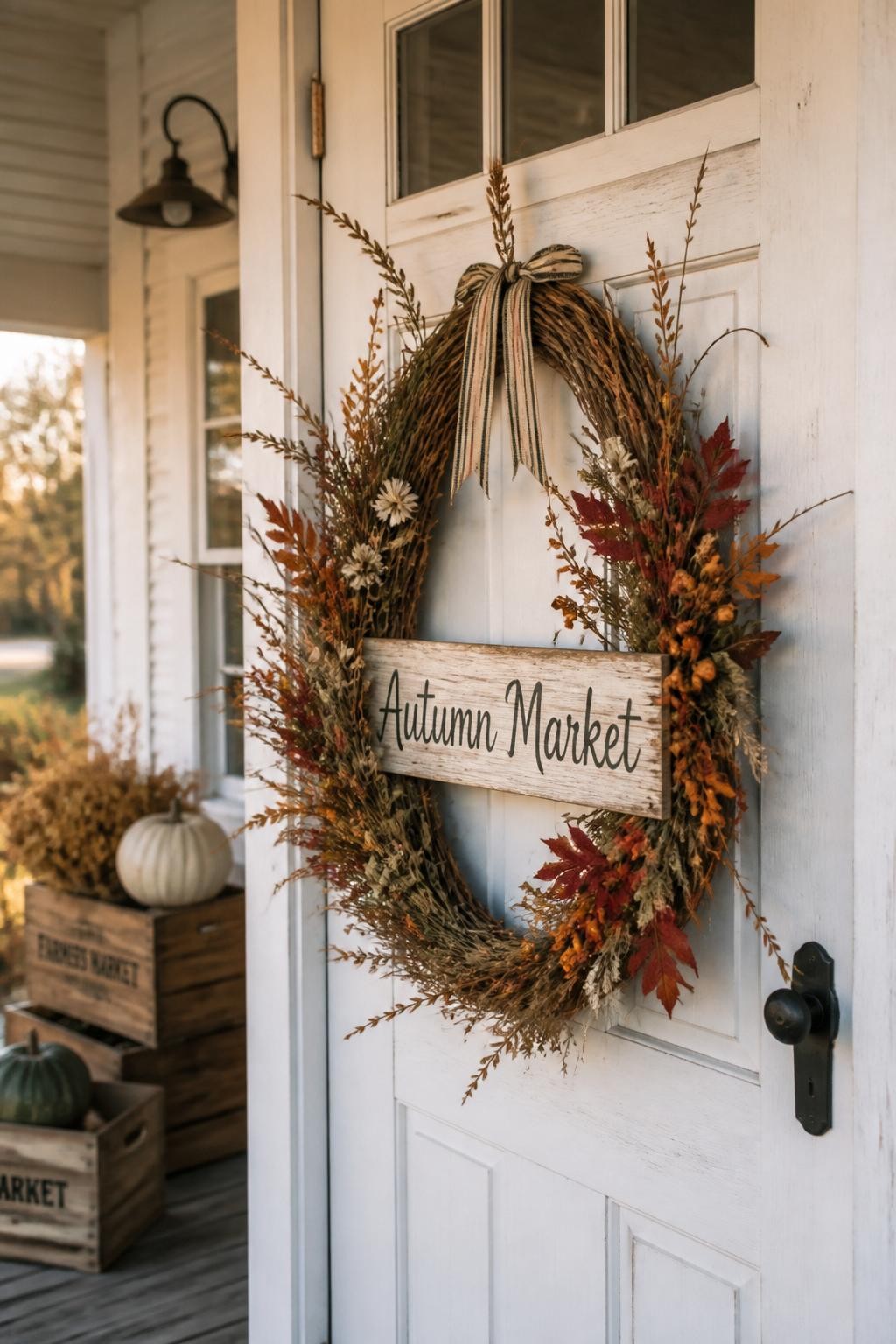 Image prompt: A welcoming handmade fall wreath on a white farmhouse front door, built from an oval grapevine base with a small distressed wooden sign across the center reading “Autumn Market,” surrounded by muted orange berries, green seed pods, tan grasses, dark red leaves, and small cream blossoms, finished with a narrow striped ribbon, realistic hand-painted sign lettering and slightly uneven natural stems, covered porch with wooden crates nearby, soft golden-hour light, DSLR photography, no people, vertical composition.