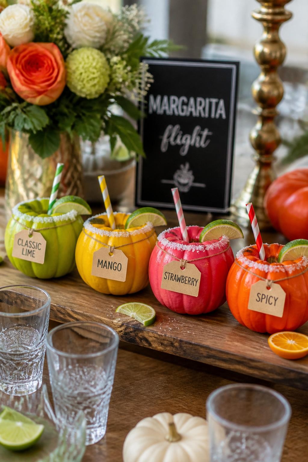 Image Prompt: A realistic DSLR photo of four mini pumpkins decorated as a margarita flight, each painted a different flavor color: classic lime green, mango yellow, strawberry pink, and spicy orange-red, each with tiny flavor tags, faux salt rims, lime wedges, and mini straws, displayed on a wooden serving board with small glasses and citrus slices, stylish party centerpiece.