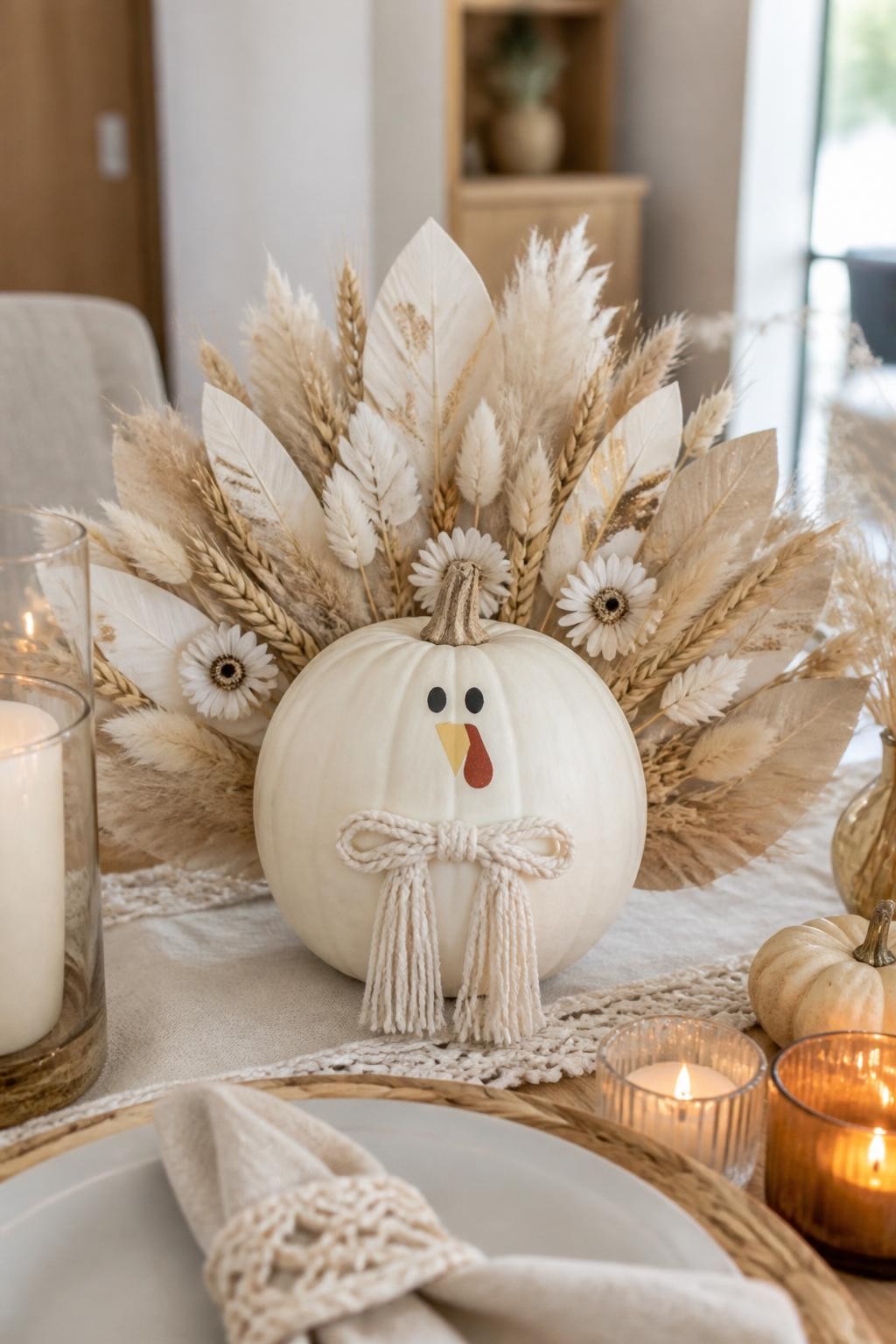 Image Prompt: A realistic DSLR photo of a matte ivory pumpkin decorated as a boho turkey, with a tail fan made from dried flowers, pampas grass, bunny tails, wheat stems, dried daisies, and soft beige paper feathers, simple painted face, macrame ribbon, and a neutral table setting with candles, warm natural daylight, stylish boho Thanksgiving decor.