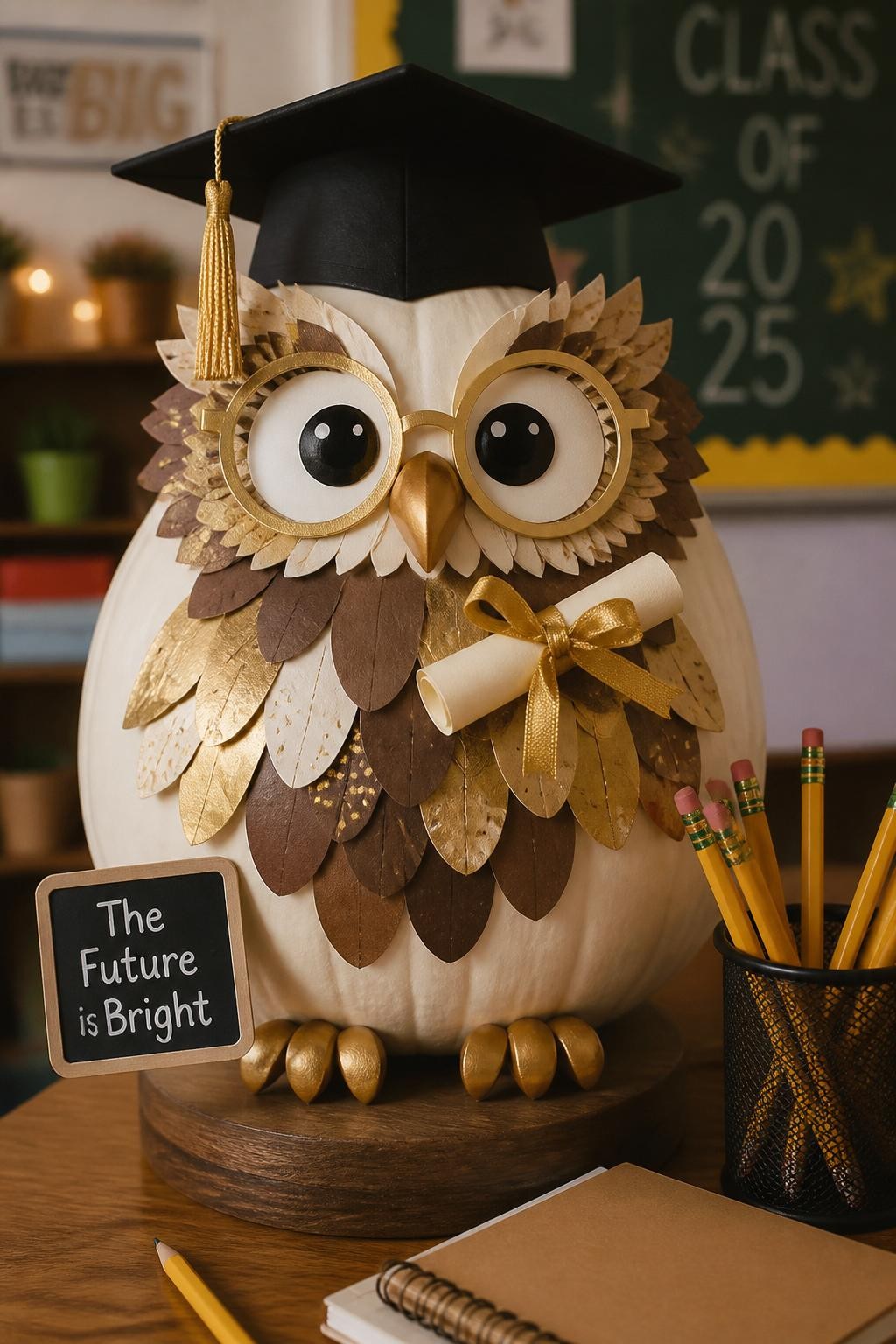 Image Prompt: A realistic DSLR photo of a white pumpkin decorated as a wise graduation owl, with round glasses, layered brown and gold paper feathers, a tiny black graduation cap, small diploma scroll tied with ribbon, and a mini chalkboard sign, displayed on a classroom desk with pencils and warm indoor light, cute academic pumpkin decorating contest idea.