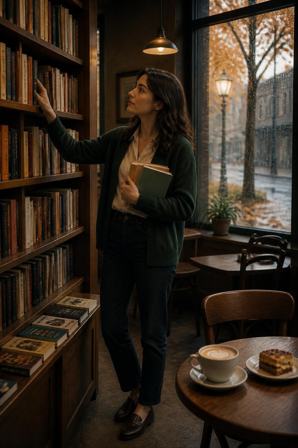 Image Prompt: A warm realistic lifestyle photograph of a woman enjoying a solo fall afternoon inside an independent bookstore café, browsing a wooden shelf while holding two novels against her chest, wearing a forest-green cardigan, cream blouse, straight-leg dark jeans and loafers, softly waved dark brown hair, nearby café table holding a warm latte and slice of apple cake, large windows showing rainy weather and orange leaves outside, shelves filled with colorful books, amber pendant lights and dark wood furniture, relaxed curious expression, realistic clothing and interior textures, cinematic DSLR editorial photography, 50mm lens, no readable book titles, no visible logos, no text.
