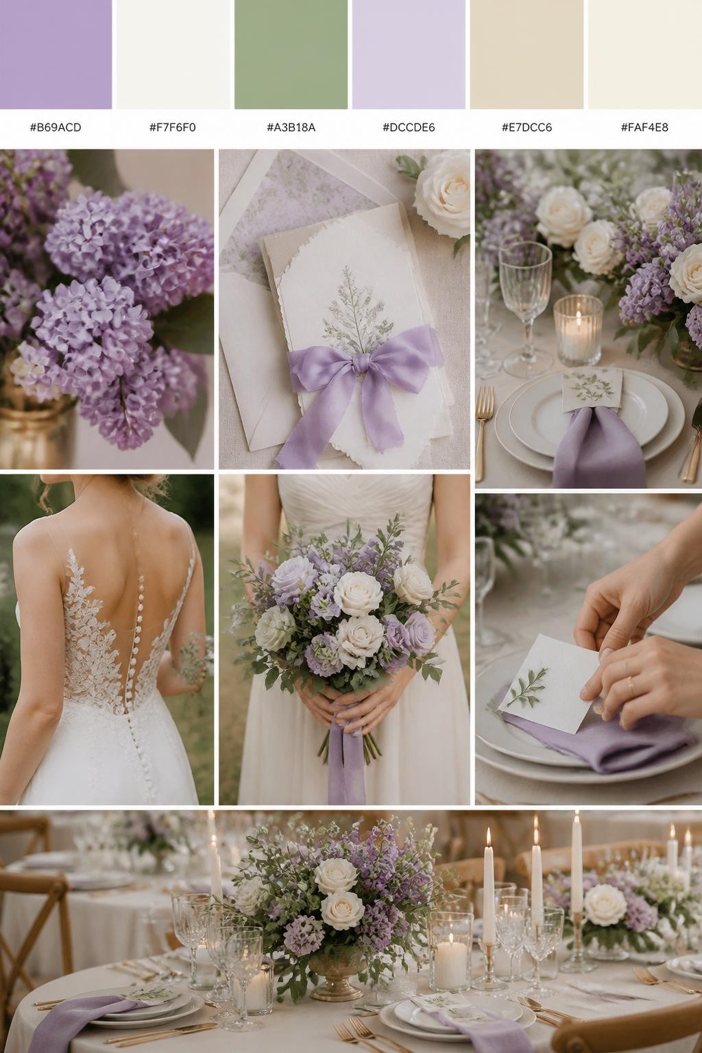 Image Prompt:
A realistic lilac wedding color palette mood board in a Pinterest-style collage layout. Add a top row of clean color swatches with small hex codes in lilac, ivory, sage green, pale lavender, warm beige, and soft cream. Below the swatches, create a polished collage of wedding details: lilac flowers, ivory roses, sage greenery, soft table linens, elegant stationery with silk ribbon, a bouquet held at waist level with no face visible, hands adjusting place cards, a back-view bridal detail, and a no-people reception table scene. Use side views, back views, cropped-from-neck detail shots, hands-only styling, and no-people scenes to avoid showing faces. Soft natural light, romantic wedding styling, DSLR-style realism, 9:16 vertical format. No extra text except small hex codes on the palette strip. (no watermarks on images)