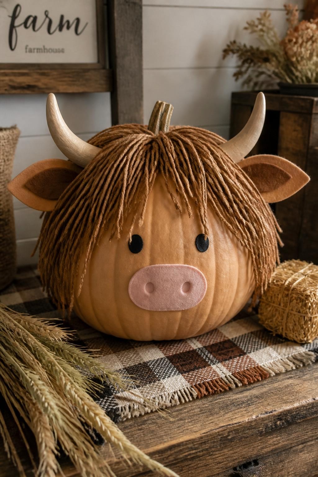 Image Prompt: A realistic DSLR photo of a round tan pumpkin decorated as a highland cow, with long shaggy brown yarn bangs, small curved clay horns, felt ears, a soft pink painted nose, simple black eyes, placed on a rustic wooden table with plaid fabric, dried wheat, mini hay bales, and warm farmhouse lighting, detailed handmade autumn decor style.