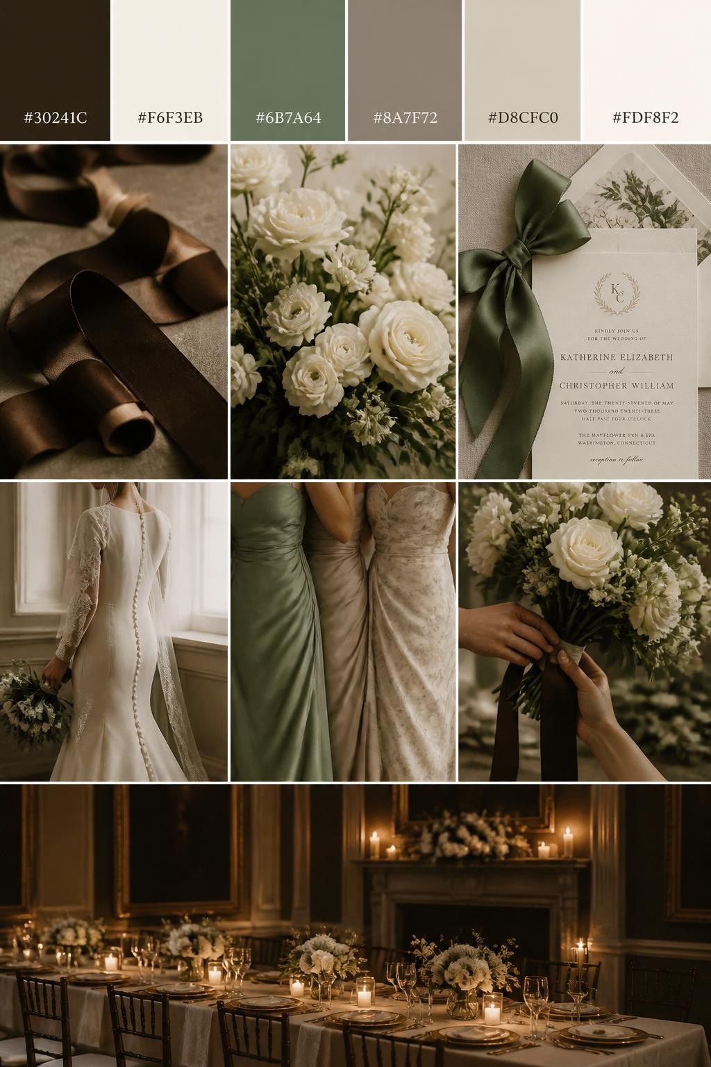 Image Prompt:
A realistic old money wedding color palette mood board with a top strip of swatches and small hex codes in espresso brown, ivory, sage green, warm taupe, soft beige, and cream. Below, show a cohesive collage of espresso ribbon, ivory flowers, sage greenery, stationery with silk ribbon, a back-view bridal detail, cropped bridesmaid dress fabric shots, hands-only bouquet styling, and a romantic reception table under warm glowing light in a refined classic venue. Keep faces out of frame using side angles, back views, close-up crops, and no-people scenes. The overall mood should feel warm, rich, classic, and polished with realistic DSLR photo quality. 9:16 vertical format. (no watermarks on images)