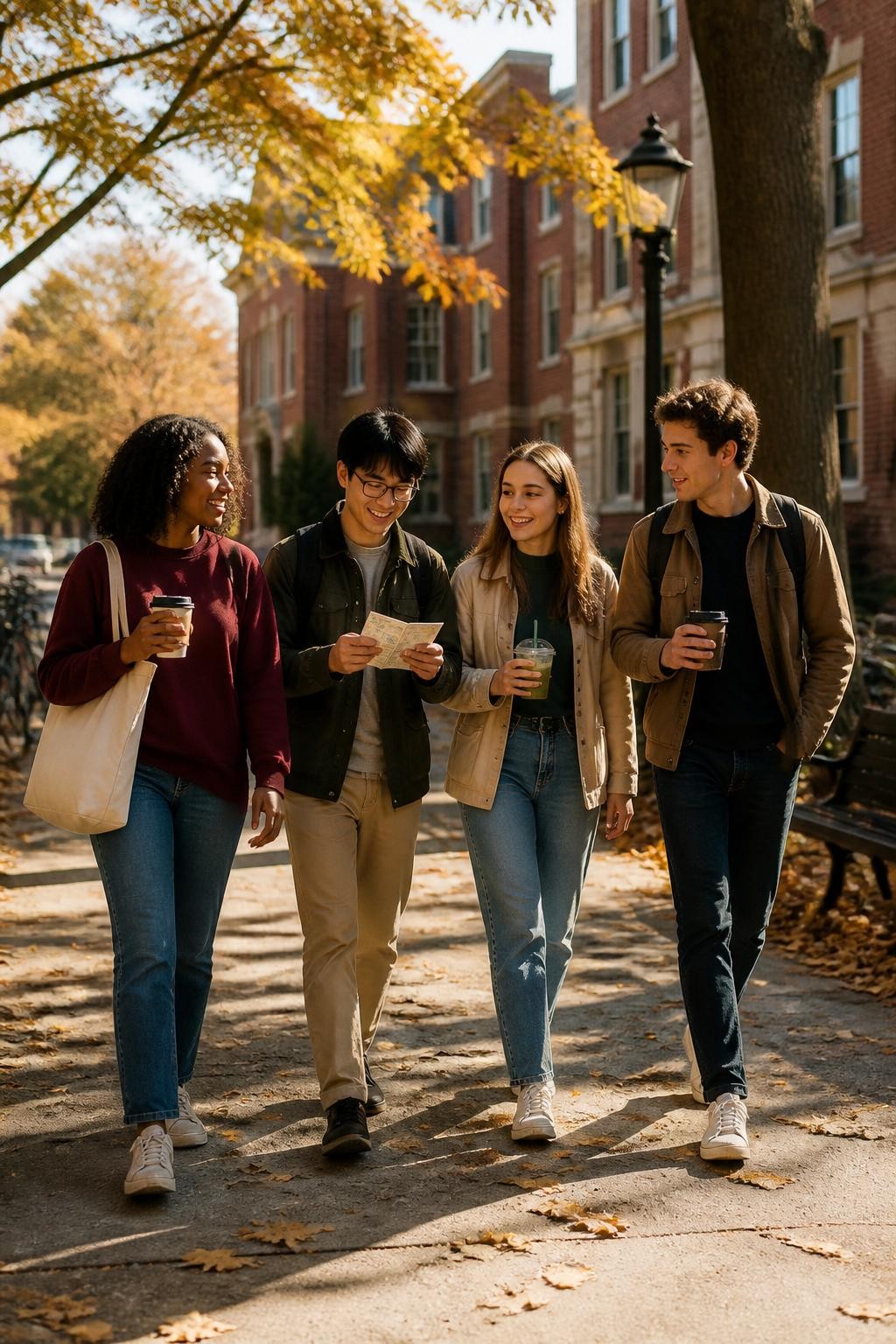 Image Prompt: A group of four college students walking across a tree-lined university campus on a crisp fall morning, each holding a different takeaway coffee or tea, one Black woman with shoulder-length natural curls wearing a burgundy university-style sweatshirt and carrying a canvas tote, another student checking a folded blank tasting card, brick academic buildings, bicycles, benches and golden leaves in the background, casual layered outfits, backpacks with natural wear, candid conversation and laughter, soft early-morning sunlight, editorial DSLR campus photography, 35mm lens, no visible school logos, no readable writing, no text overlay.