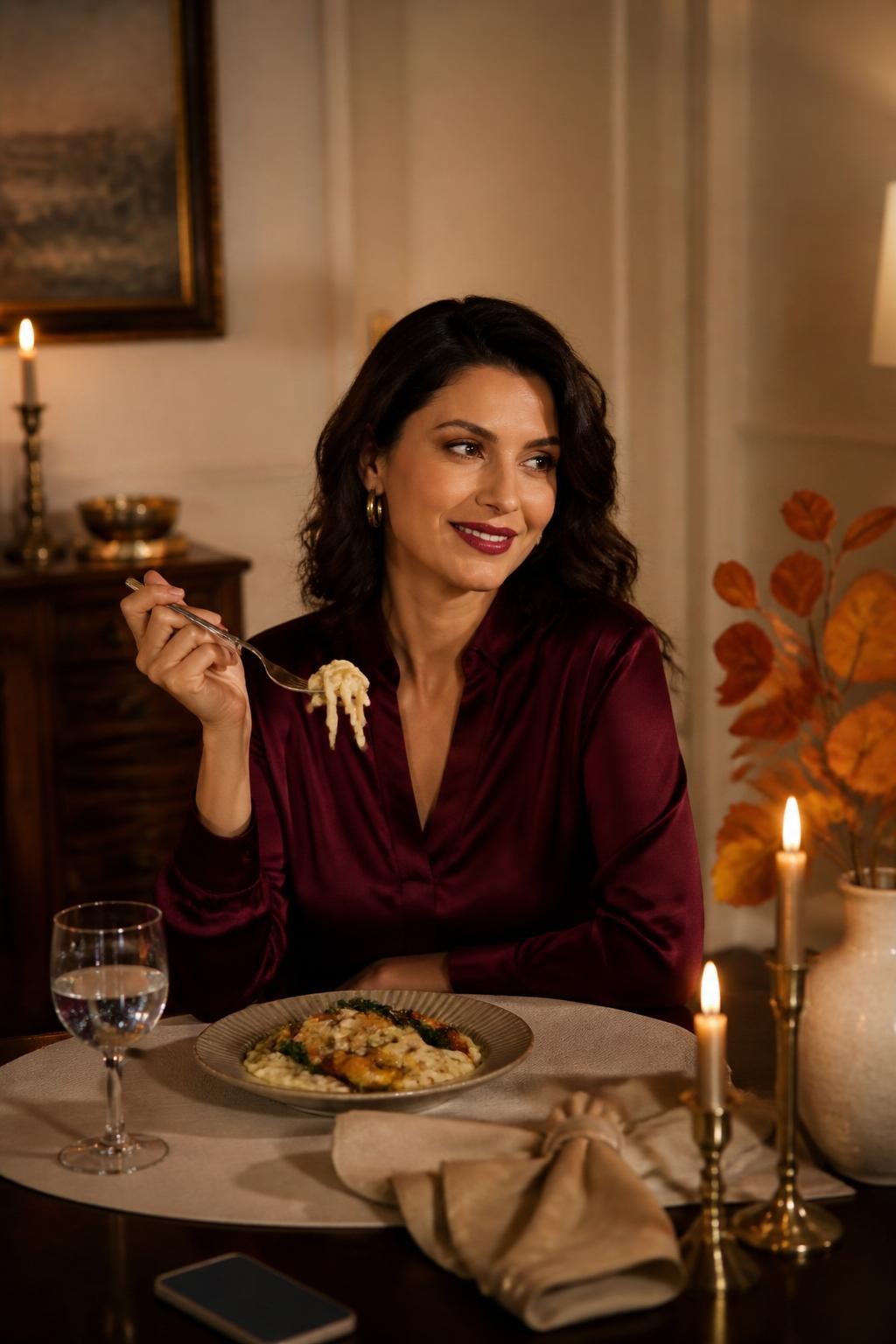 Image Prompt: A refined realistic lifestyle photograph of a woman enjoying an elegant solo restaurant-style dinner at home during fall, seated at a small beautifully set dining table wearing a satin burgundy blouse, simple gold earrings and softly styled shoulder-length curls, natural glowing makeup with a muted berry lip, plate of creamy pasta with roasted vegetables, sparkling water in a stemmed glass, linen napkin, two slim candles and a single branch of copper leaves in a ceramic vase, smartphone placed face down away from the table, warm low evening lighting, cream walls and dark wood furniture, sophisticated DSLR editorial photography, 50mm lens, no product branding, no text.