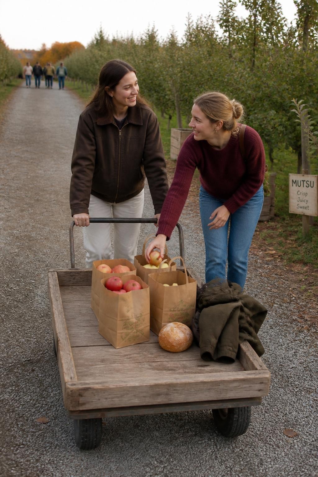 Image Prompt: A realistic DSLR photograph of two female friends pushing a low wooden orchard cart filled with paper apple bags, pears, a loaf of bread, and a folded coat. One friend walks behind the cart wearing a dark brown barn jacket and cream trousers, while the other walks alongside in a burgundy sweater and blue jeans, stealing an apple from an open bag. They look at each other and laugh while moving along a gravel path. Rows of apple trees, handwritten signs, and distant visitors create depth. Warm afternoon light, believable cart wheels, realistic fruit and fabric textures, active candid composition.