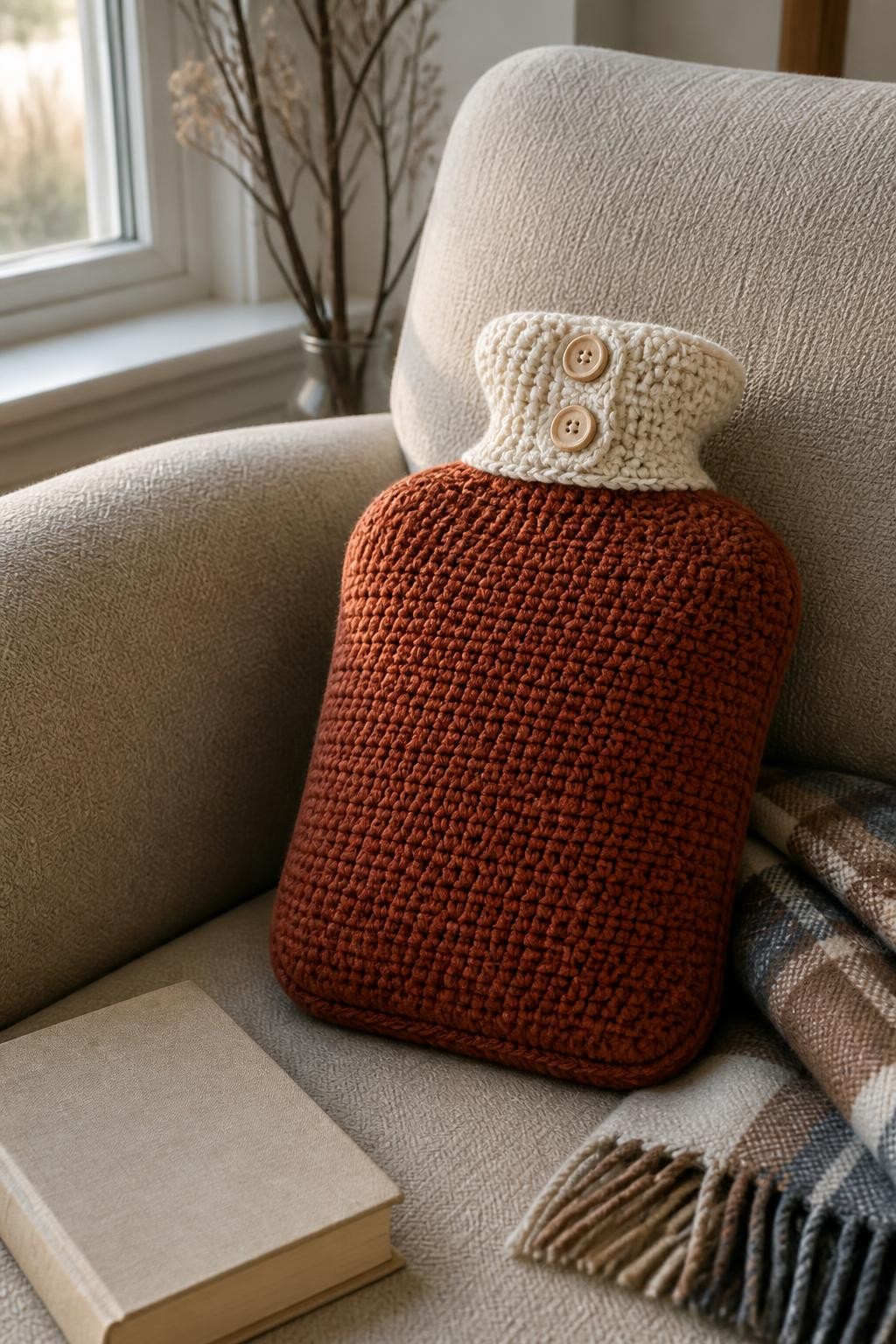 A realistic iPhone photograph of a handmade crochet hot water bottle cover in rust-colored yarn with a cream buttoned neck, placed on a cozy armchair beside a folded blanket and book, soft window light, realistic yarn texture and warm winter home styling, no readable book title, no text