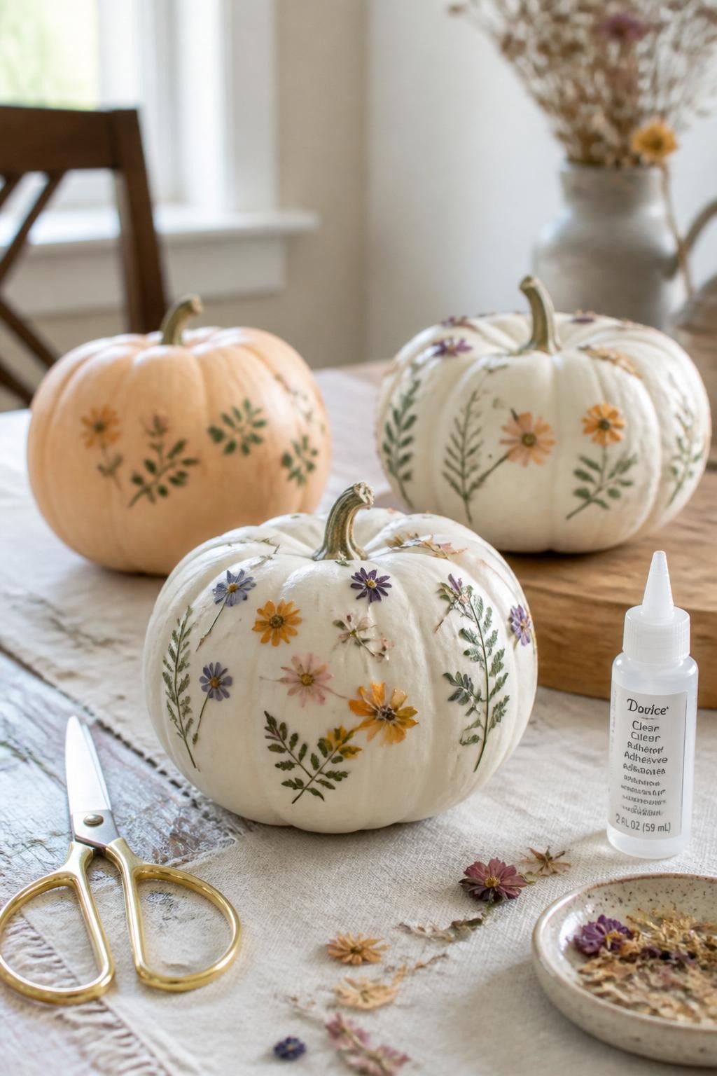 Image Prompt: A realistic DSLR photo of small white and pale orange pumpkins decorated with delicate pressed flowers and tiny green leaves, arranged on a light wood table with a linen runner, gold scissors, clear craft glue, and a few loose dried petals nearby, soft natural window light, cozy fall home setting, shallow depth of field, editorial craft photography style.