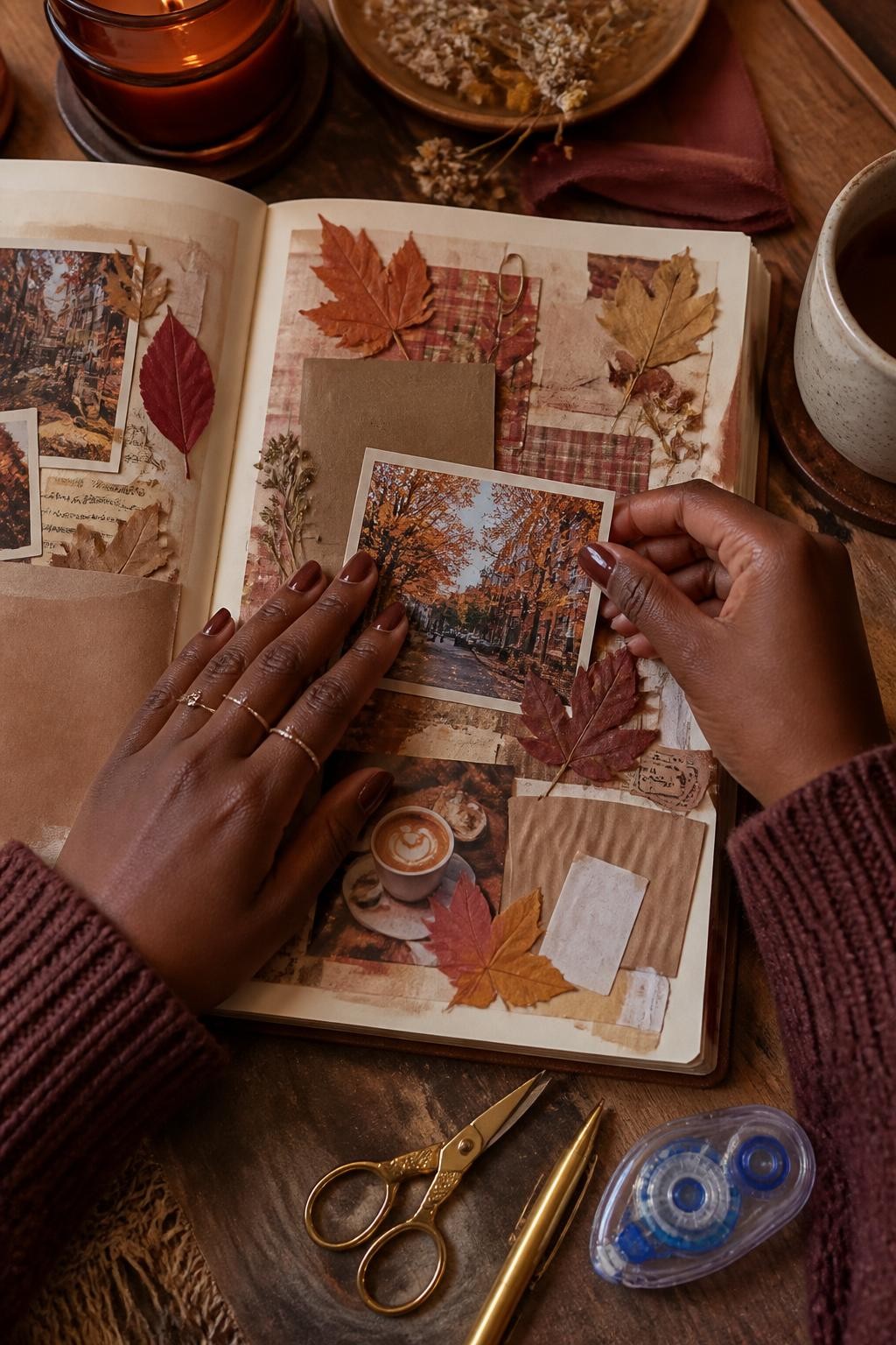 Image Prompt: A richly detailed realistic flat-lay photograph of an open fall scrapbook journal filled with layered mini photographs, pressed orange and red leaves, a café sleeve, cinema ticket, handwritten captions, plaid paper, thin ribbon, dried flowers, and small sketches, Black woman’s hands with a glossy chocolate-brown manicure arranging a new photograph onto the page, scissors, glue tape, gold pen, and warm tea nearby, soft golden light, realistic paper edges and handmade imperfections, warm burgundy, rust, cream, and brown palette, DSLR editorial craft photography, no readable private writing, no text overlay.