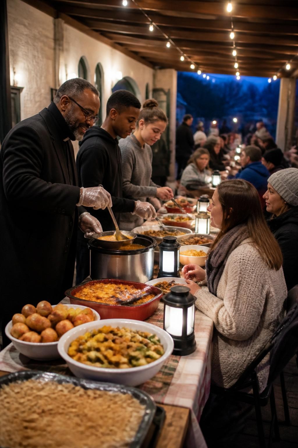 Image Prompt: A covered church courtyard during the first cool evening of fall, long tables filled with steaming soup, baked pasta, roasted vegetables, fresh bread, and fruit crumble, congregation members and neighborhood guests seated together in coats and sweaters, a Black pastor serving soup beside teenage volunteers, blankets folded over chairs, safe battery lanterns and string lights overhead, cool blue evening beyond the courtyard, warm natural conversation, editorial DSLR photography, no church branding, no text overlay.