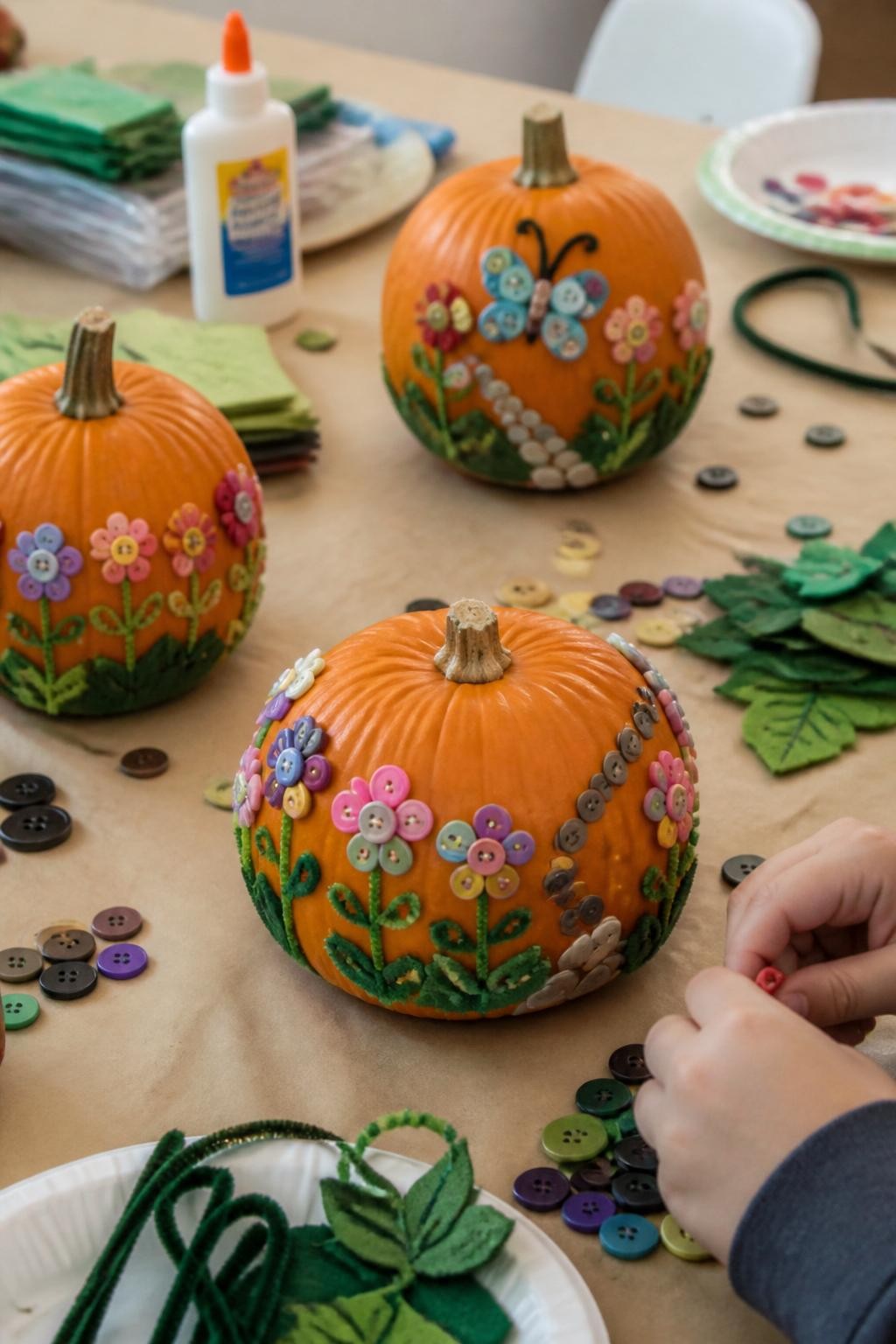 Image Prompt: A realistic DSLR photo of small pumpkins decorated with colorful buttons arranged like flowers, butterflies, and garden paths, placed on a craft table with green pipe cleaners, felt leaves, school glue, paper plates, and small child hands sorting buttons, soft natural light, cheerful handmade fall garden theme.