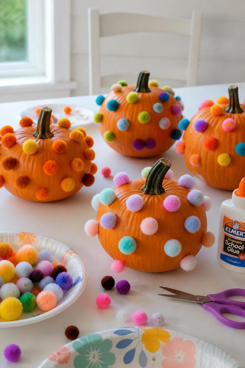 Image Prompt: A realistic DSLR photo of mini pumpkins decorated with bright pom-poms in rainbow colors, pastel colors, and fall colors, placed on a white craft table with school glue, paper plates, child-safe scissors, and loose pom-poms scattered around, soft daylight, cozy kids craft scene, colorful no-carve pumpkin decorating style.